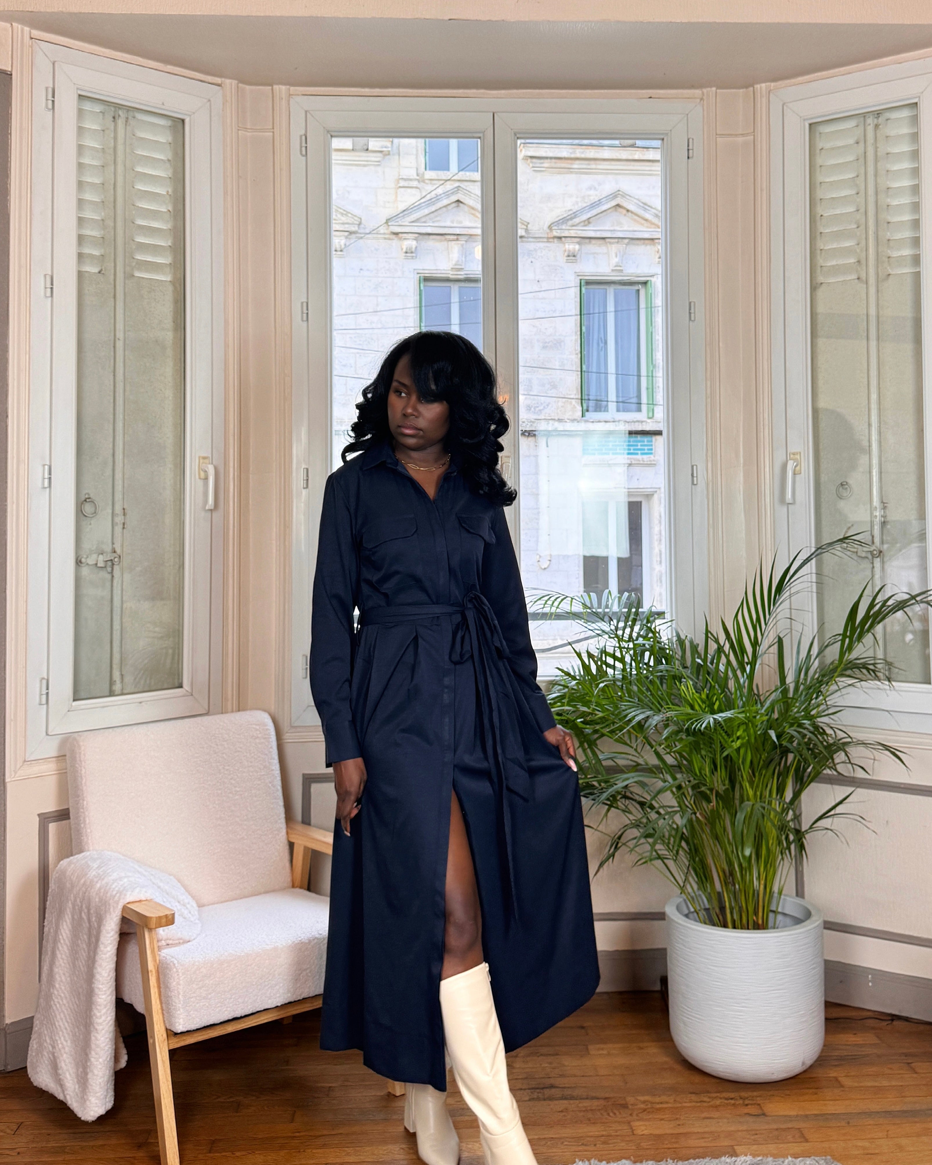 Robe Chemise Longue Bleu Marine – Élégance Structurée & Intemporelle-beautifulshop