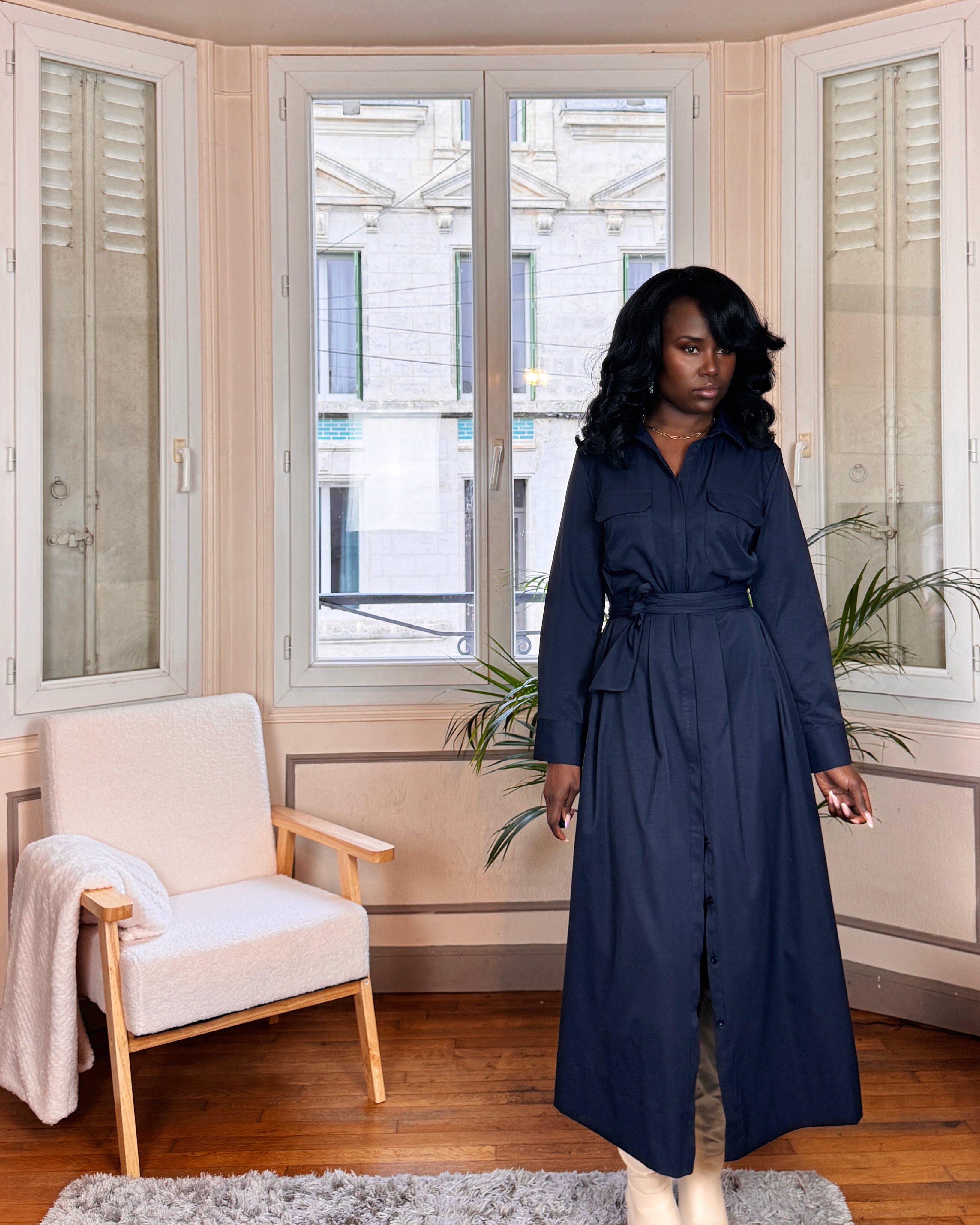 Robe Chemise Longue Bleu Marine – Élégance Structurée & Intemporelle-beautifulshop