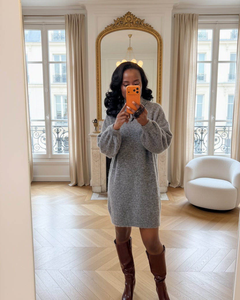 Robe Pull Maille Grise Col Montant-beautifulshop3