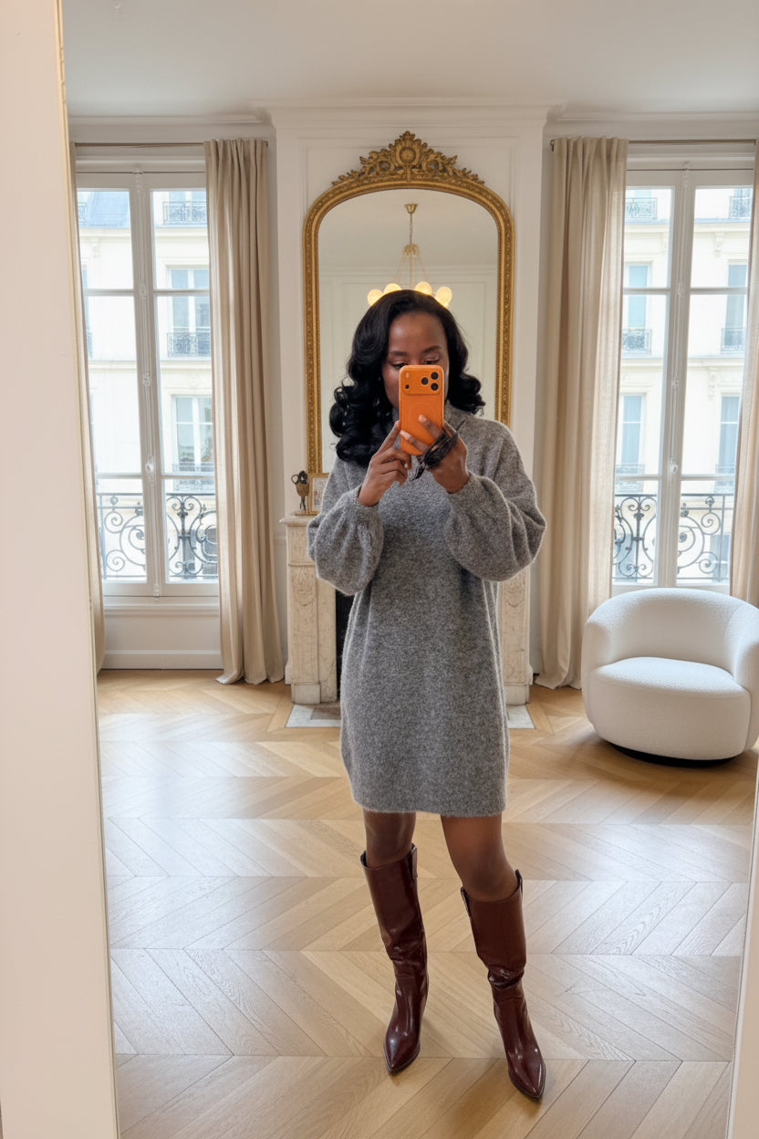 Robe Pull Maille Grise Col Montant-beautifulshop3