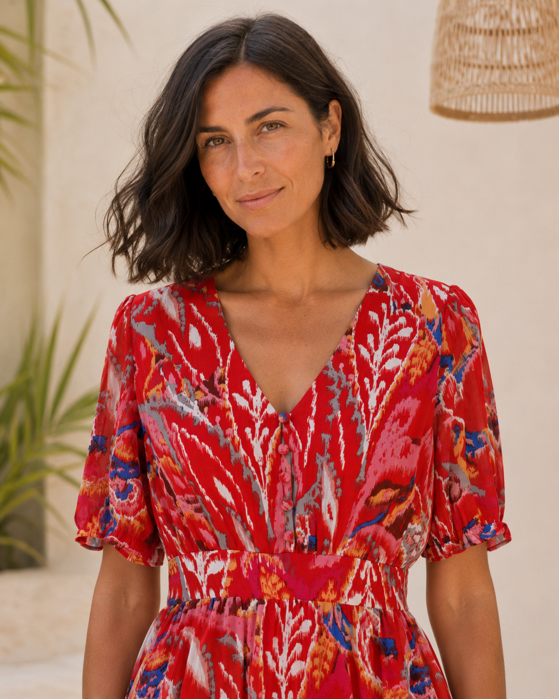 Robe courte imprimée rouge avec décolleté V, manches ballon et volants au bas