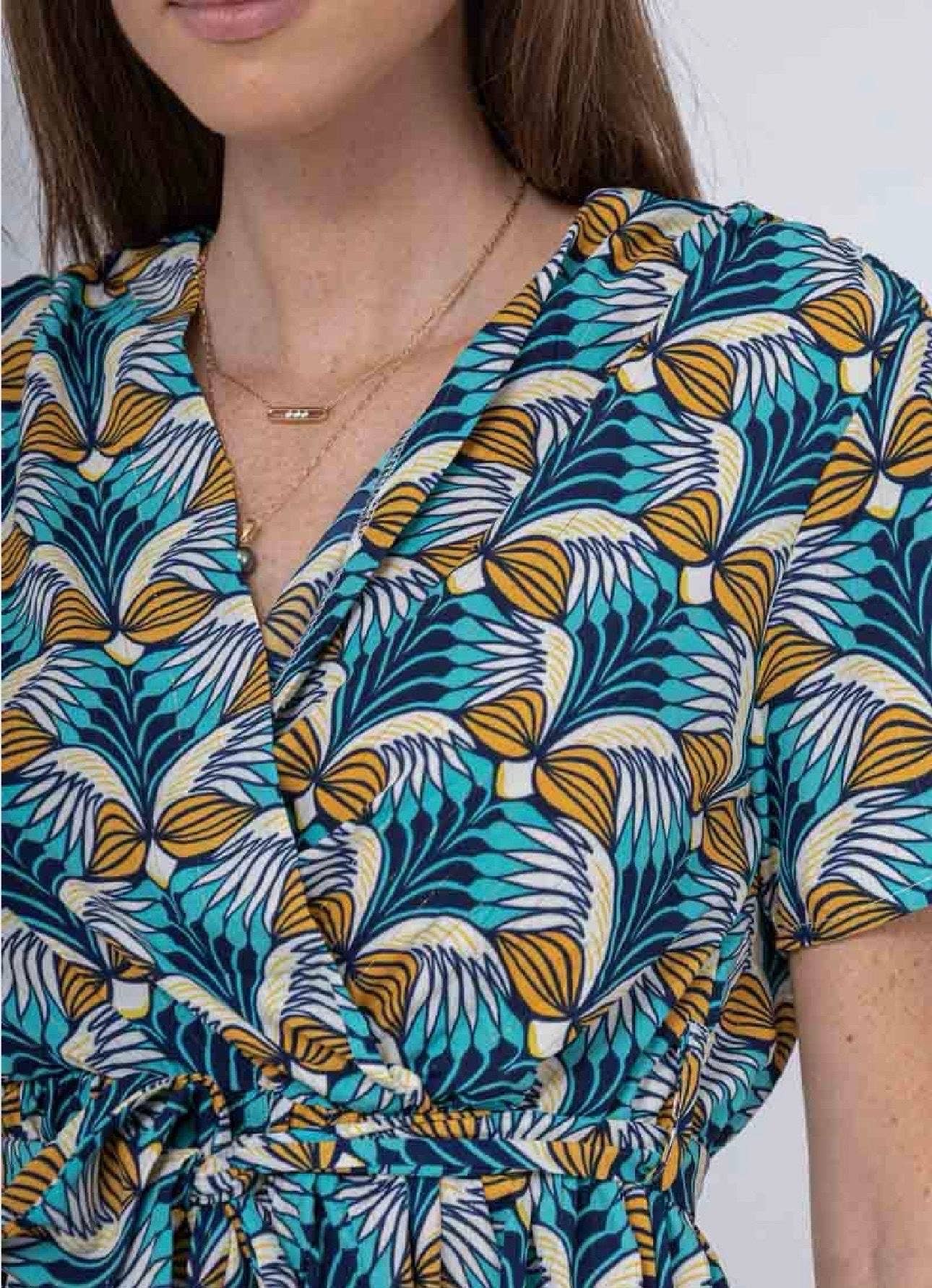 Robe courte imprimé exotique bleu canard