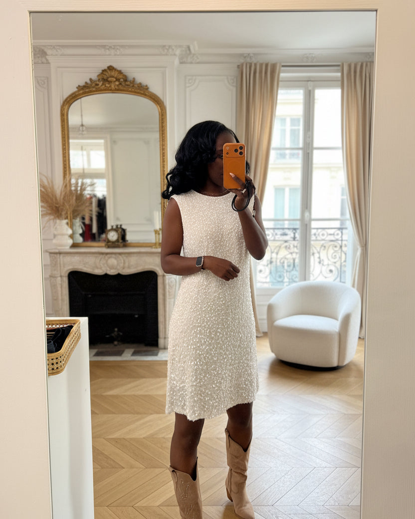 Robe de Soirée Écru à Sequins avec Grand Nœud au Dos-beautifulshop