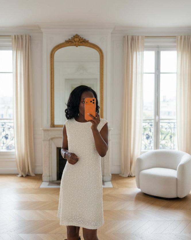 Robe de Soirée Écru à Sequins avec Grand Nœud au Dos-beautifulshop