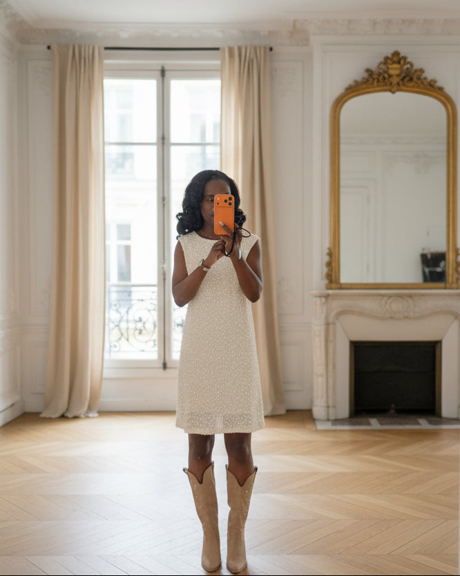 Robe de Soirée Écru à Sequins avec Grand Nœud au Dos-beautifulshop