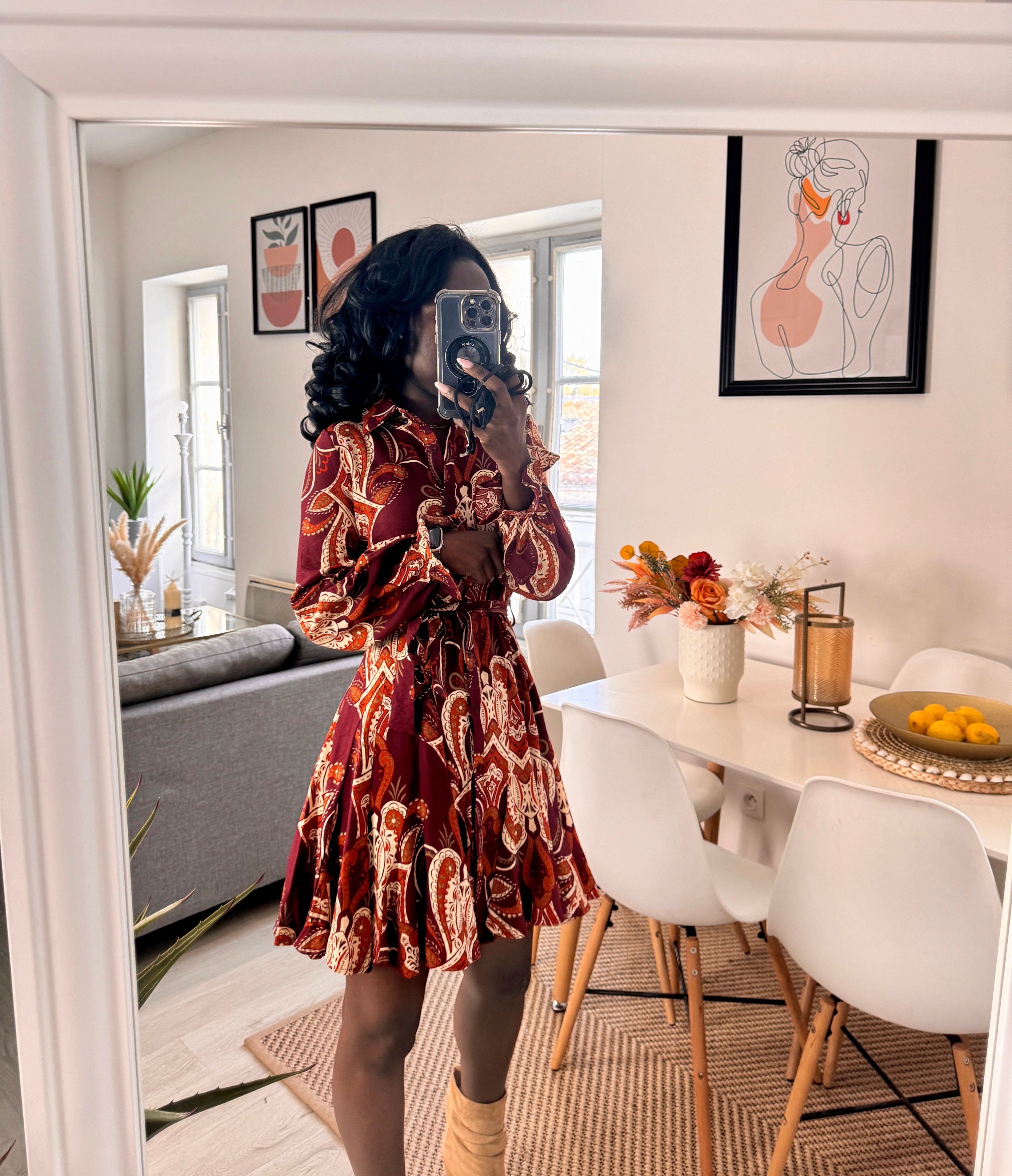 Robe fluide imprimée – Manches longues & boutonnée _-beautifulshop