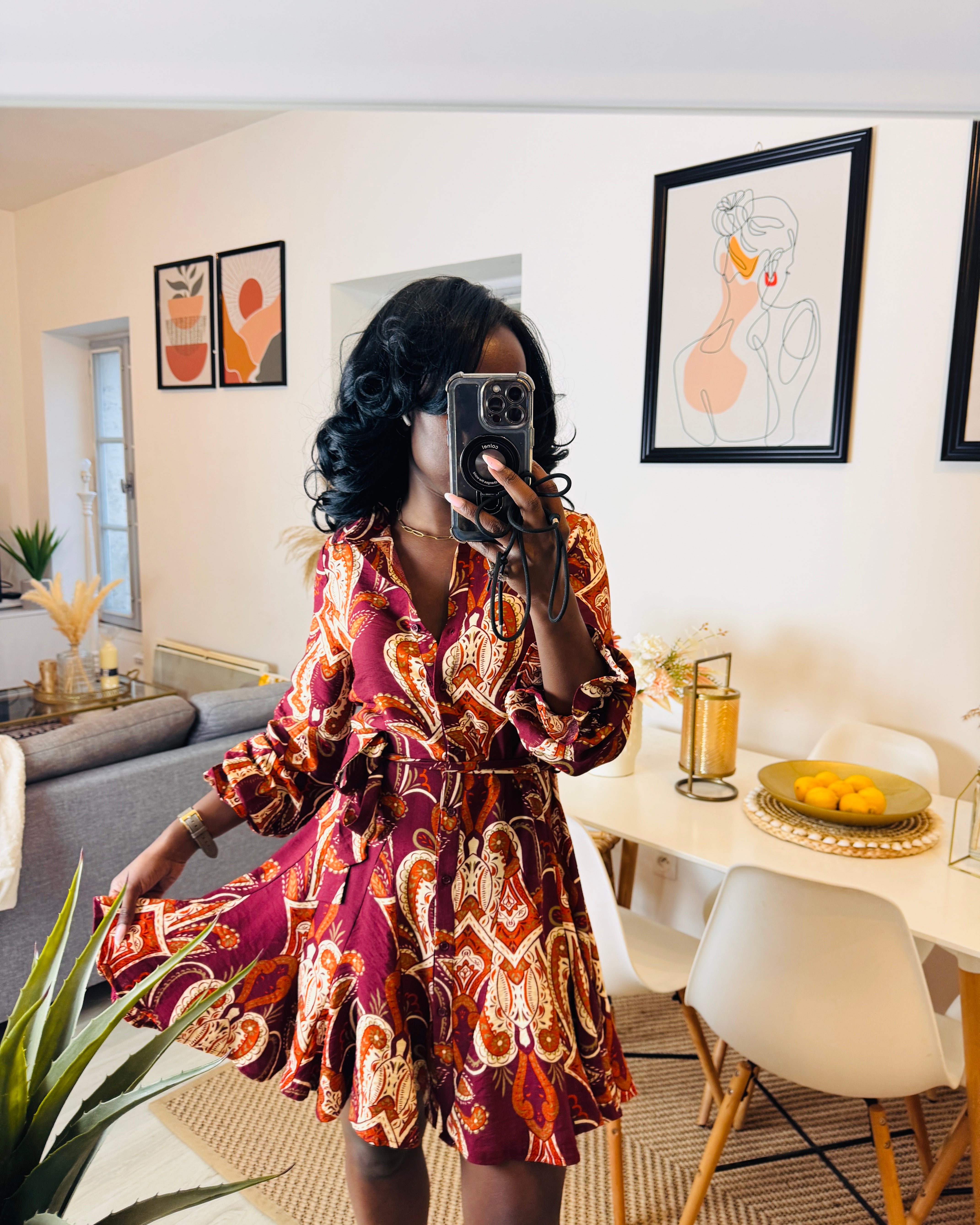 Robe fluide imprimée – Manches longues & boutonnée _-beautifulshop