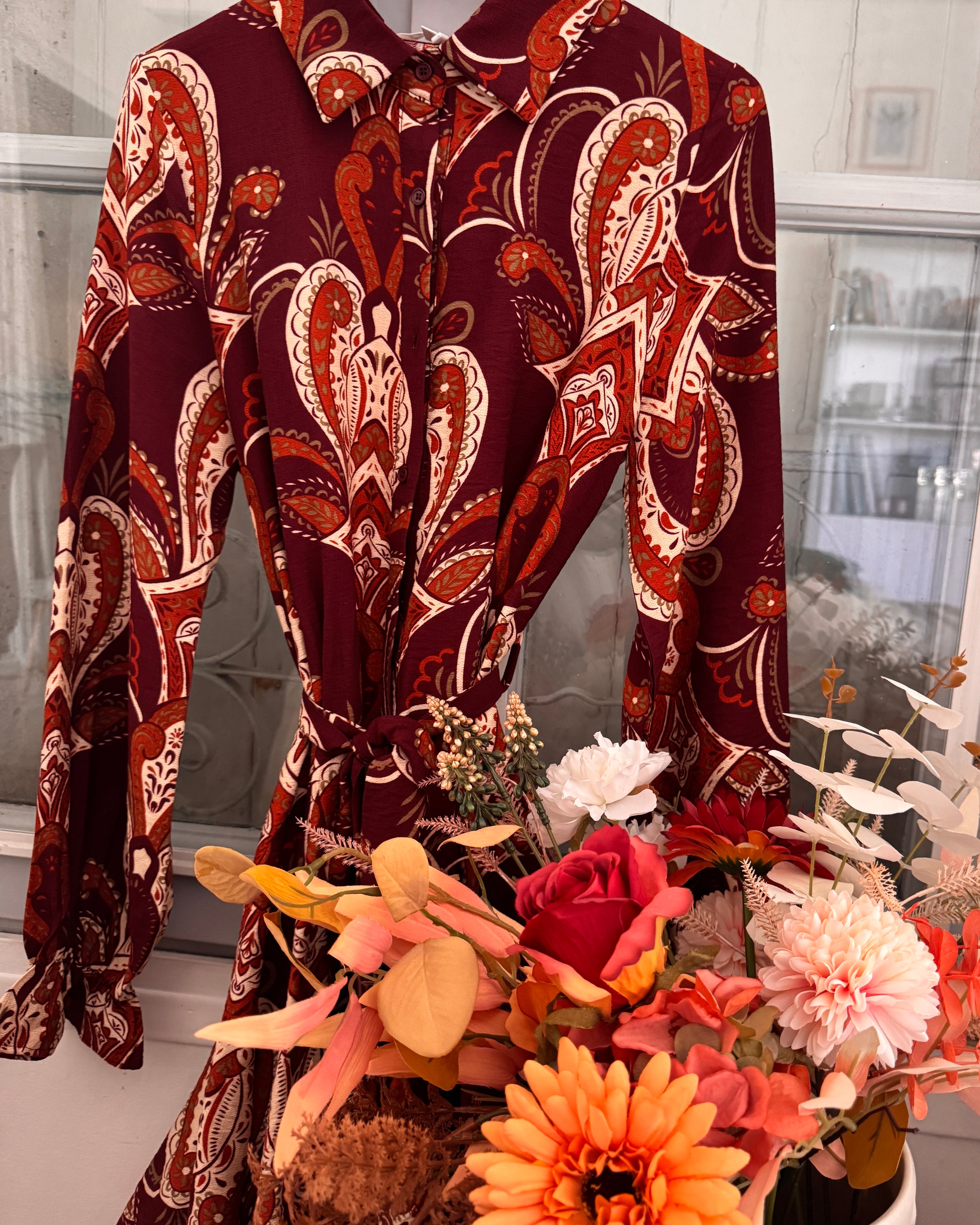 Robe fluide imprimée – Manches longues & boutonnée _-beautifulshop