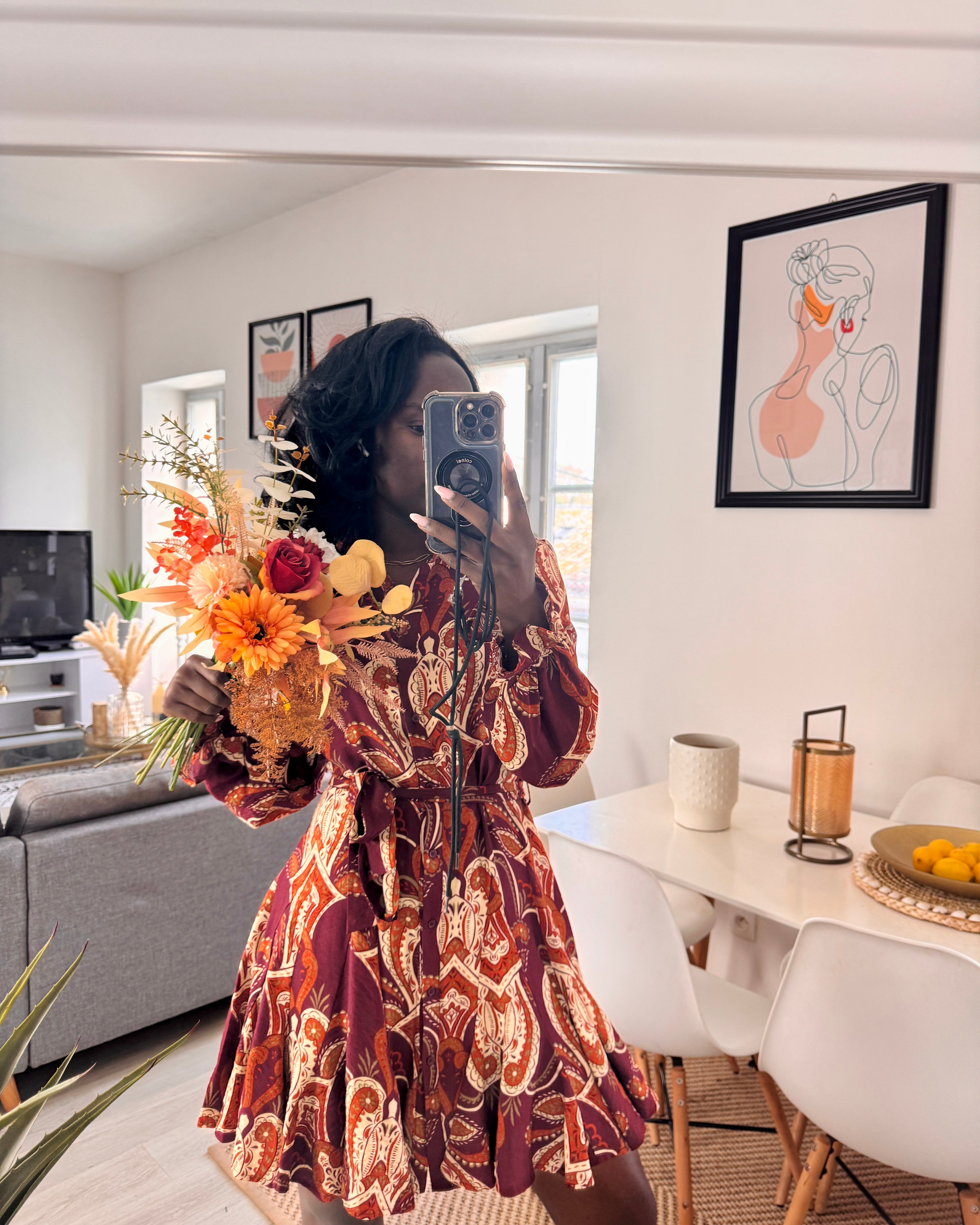 Robe fluide imprimée – Manches longues & boutonnée _-beautifulshop