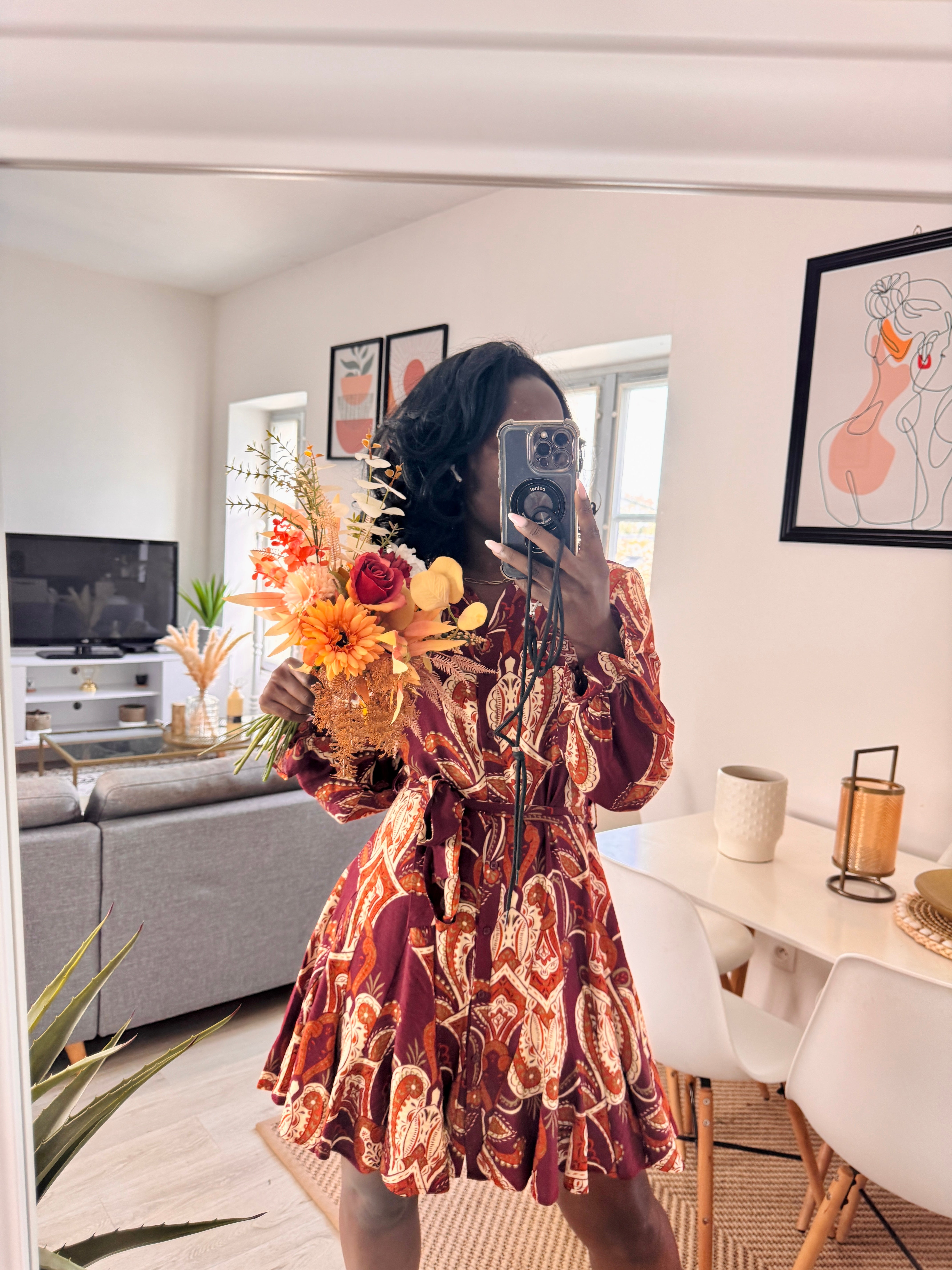 Robe fluide imprimée – Manches longues & boutonnée _-beautifulshop