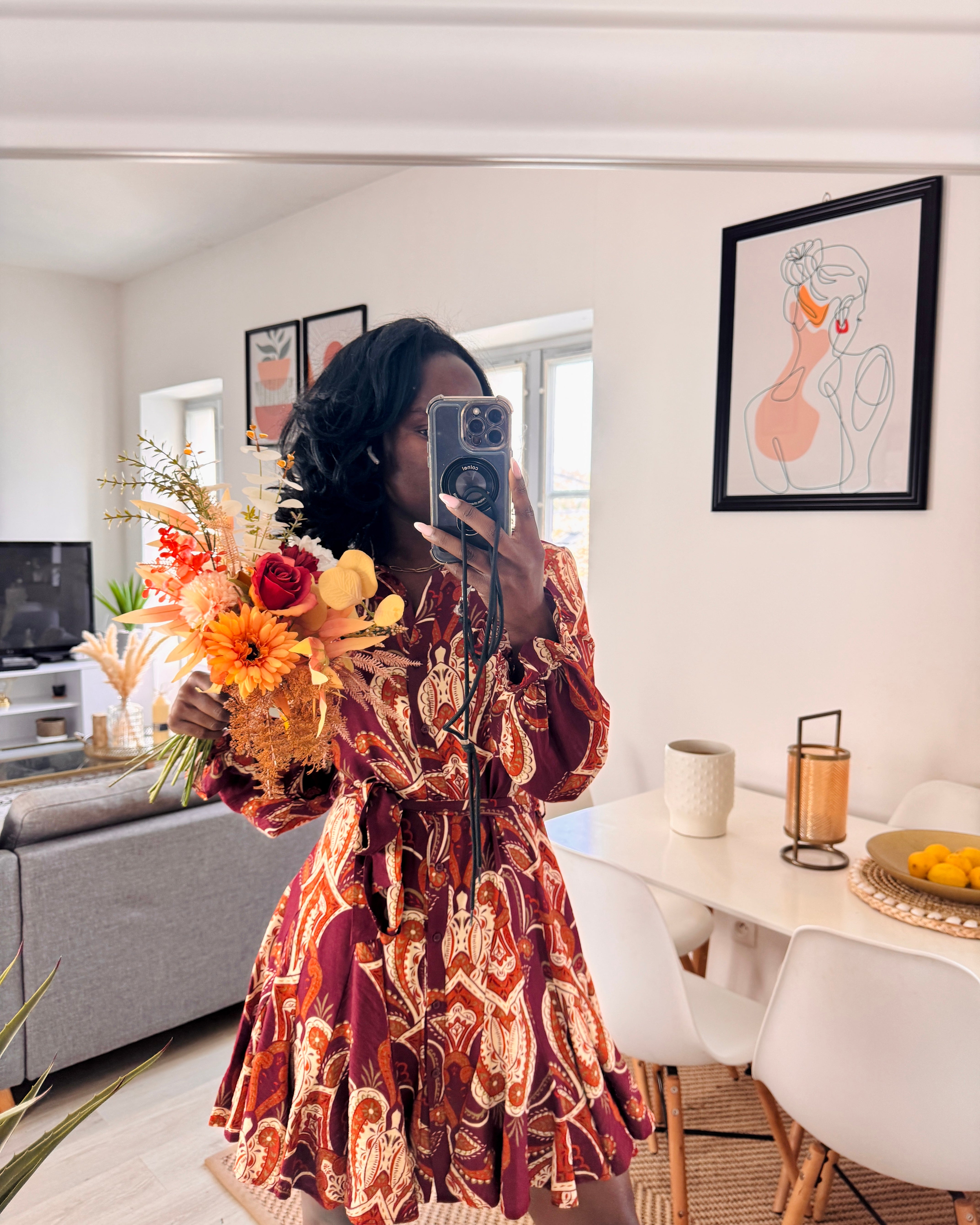 Robe fluide imprimée – Manches longues & boutonnée _-beautifulshop