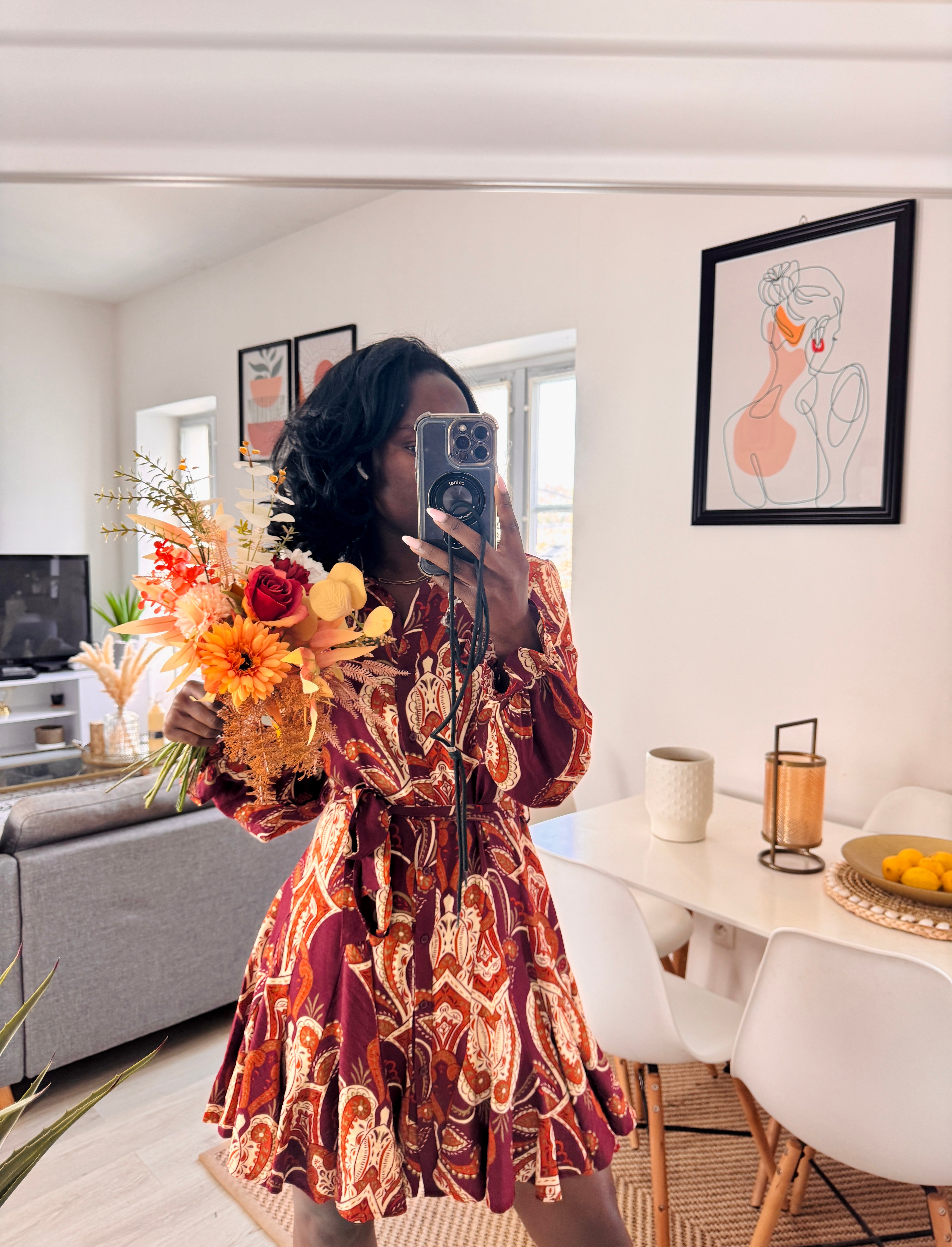 Robe fluide imprimée – Manches longues & boutonnée _-beautifulshop