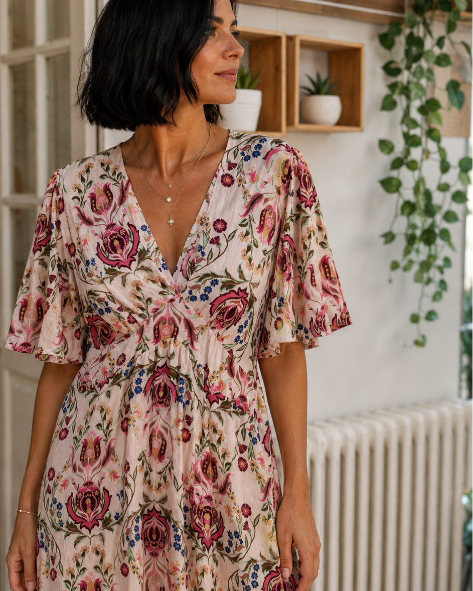 Robe longue imprimée femme à col V avec manches courtes et dos élastiqué