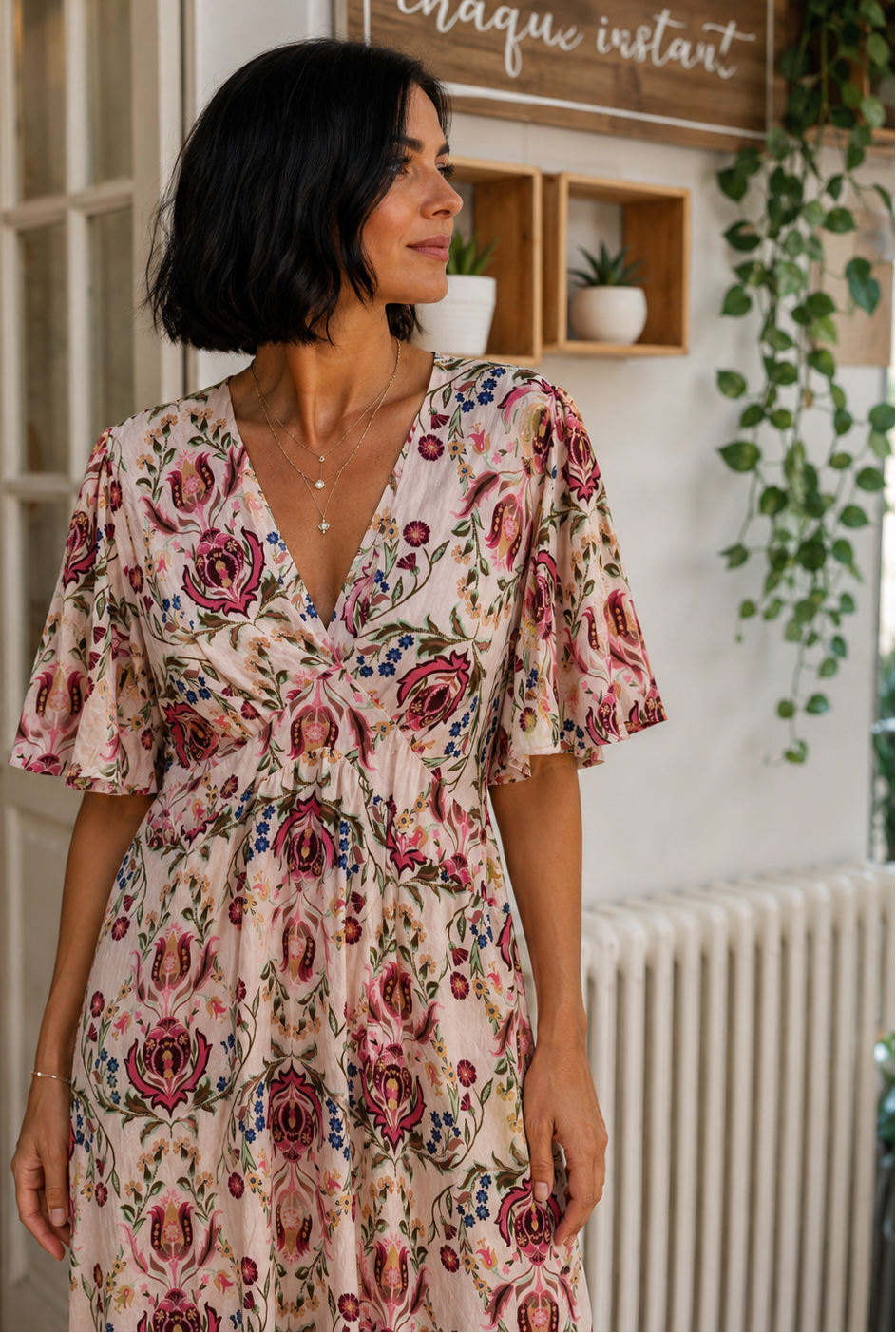 Robe longue imprimée femme à col V avec manches courtes et dos élastiqué
