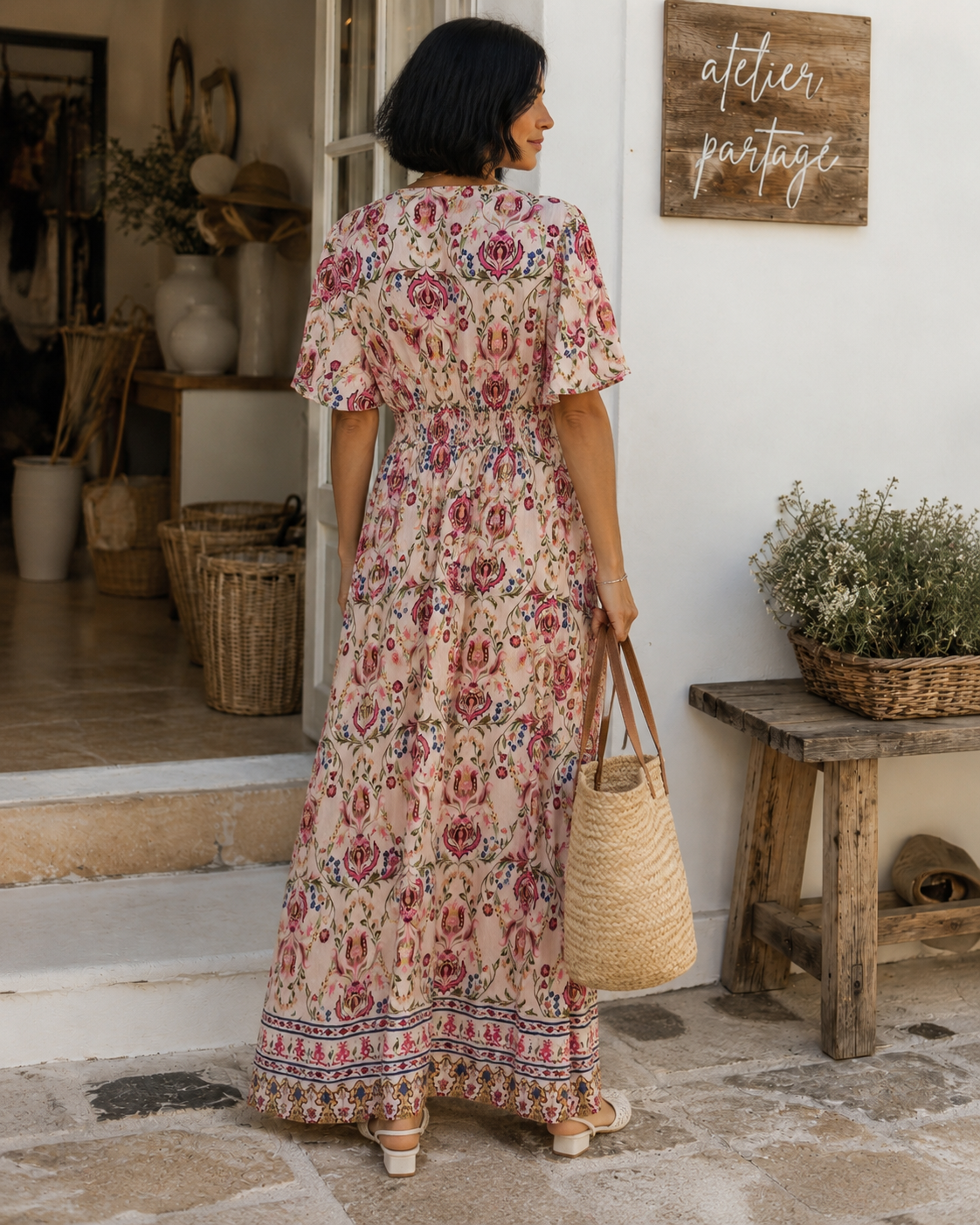 Robe longue imprimée femme à col V avec manches courtes et dos élastiqué