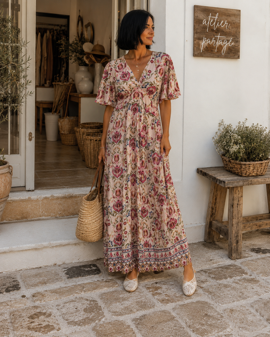 Robe longue imprimée femme à col V avec manches courtes et dos élastiqué