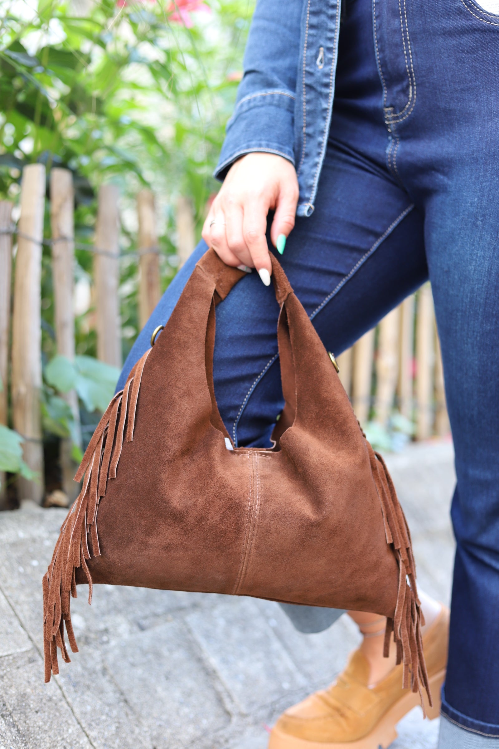 Sac à Main Frangé en Croûte de Cuir – Style Bohème, Fabriqué en Italie