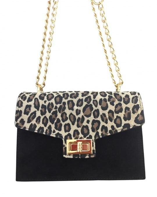 Sac à bandoulière cuir noir et léopard – Fabriqué en Italie