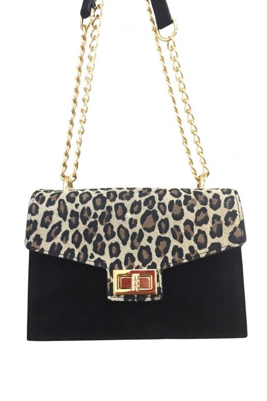 Sac à bandoulière cuir noir et léopard – Fabriqué en Italie