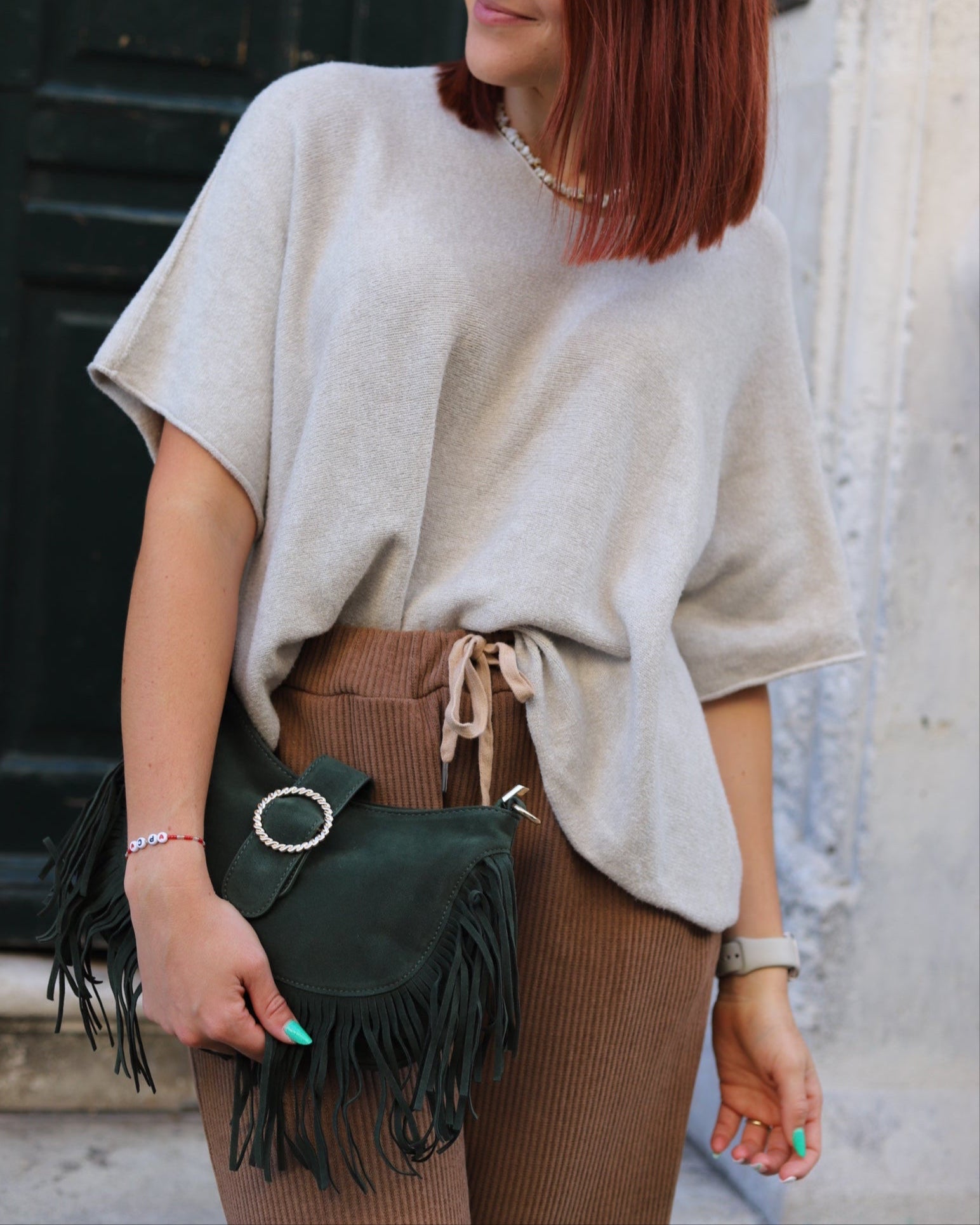 Sac à bandoulière frangé kaki – Esprit bohème chic-beautifulshop-boutique- Angoulême