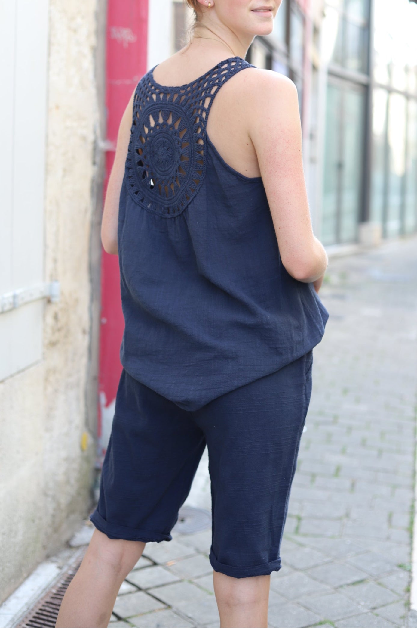 Top Loose Bleu Marine – Dos Crocheté | 100% Coton