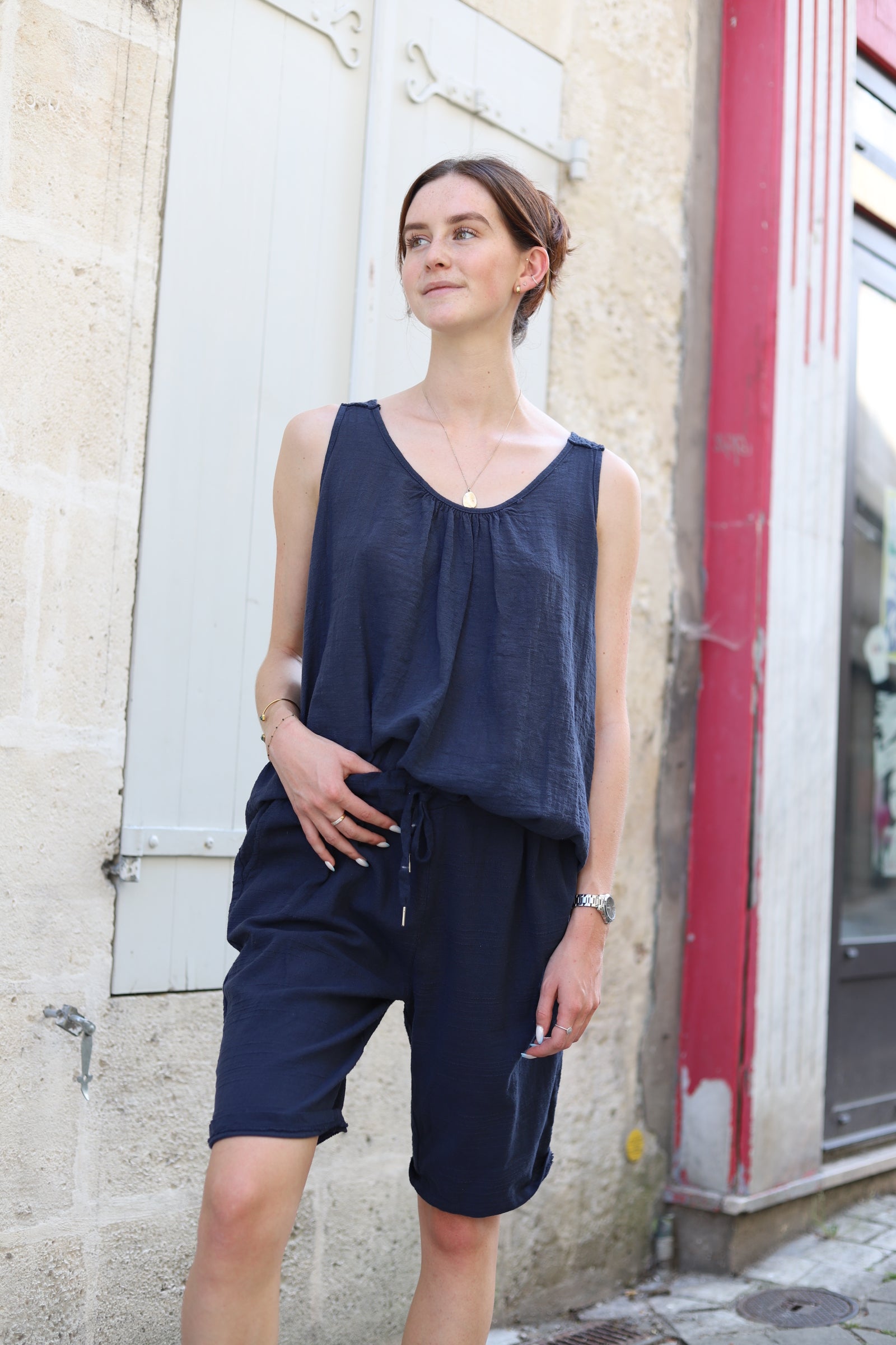 Top Loose Bleu Marine – Dos Crocheté | 100% Coton-beautifulshop