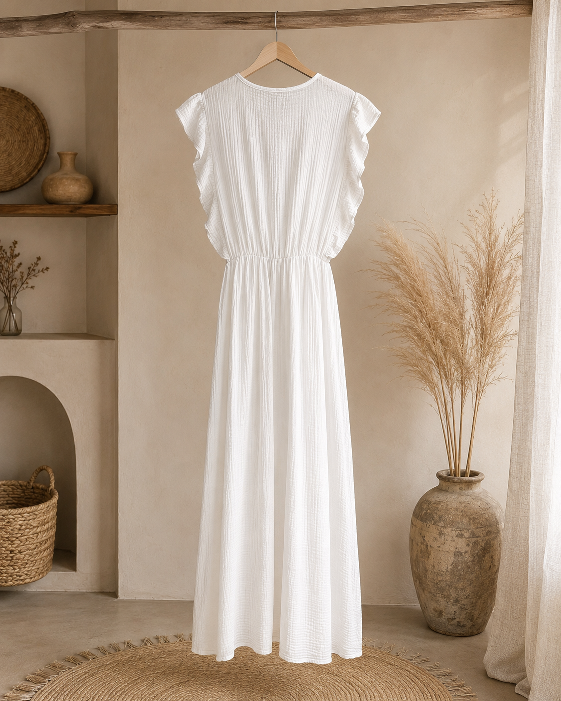 Trouver une robe longue blanche en gaze de coton, fluide et confortable, en taille unique du 36 au 42.