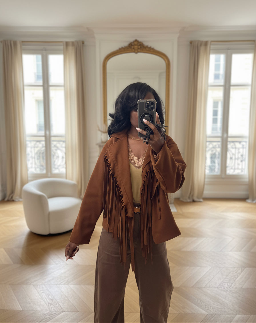 Veste à Franges marron – Style Western Chic Oversize-beautiifulshop