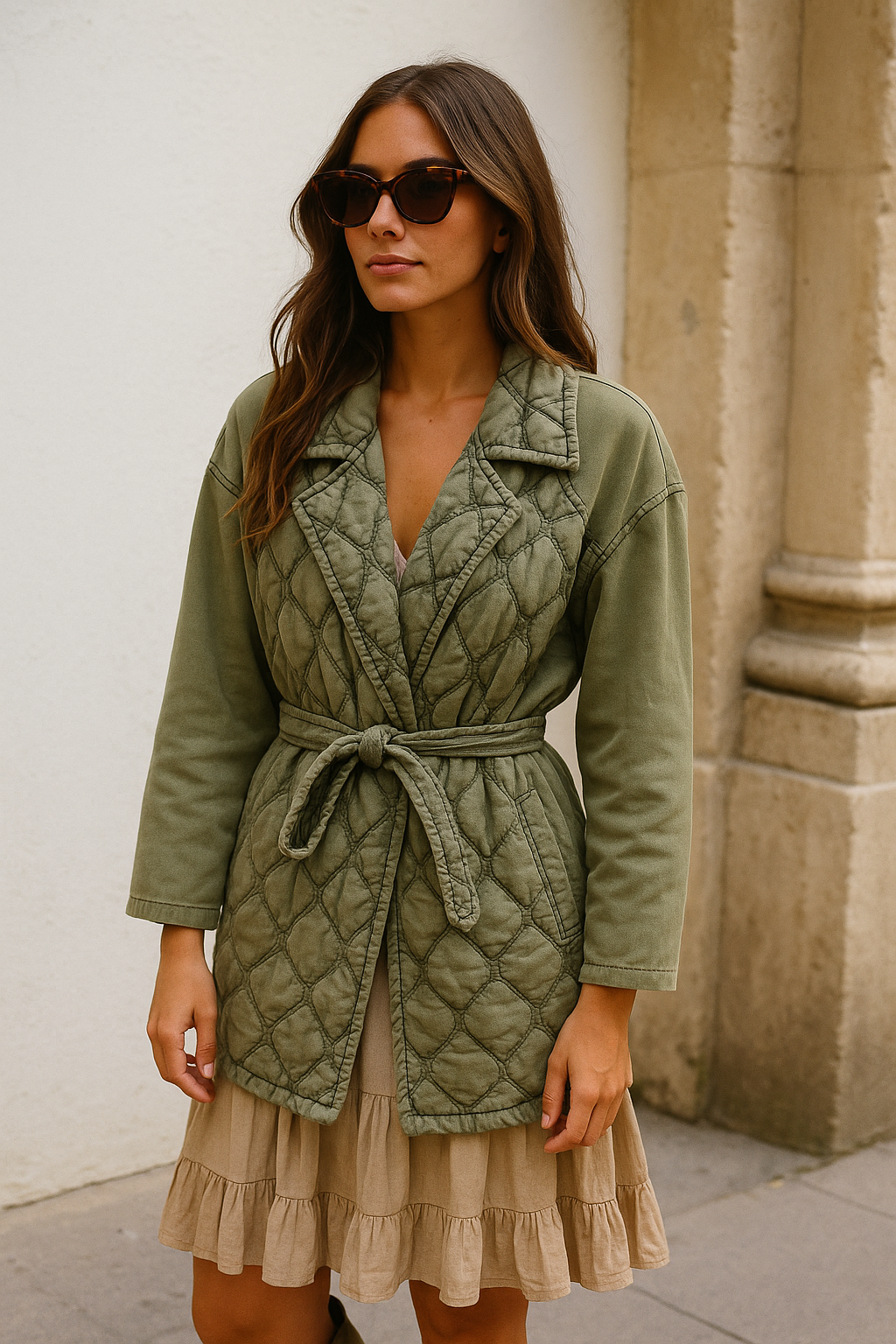 Veste matelassée kaki ceinturée