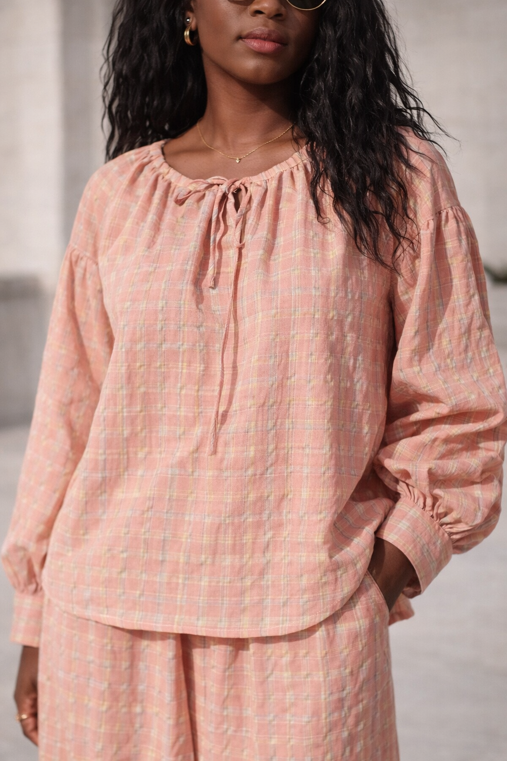 Blouse Esméral rose en coton texturé – Beautiful Shop