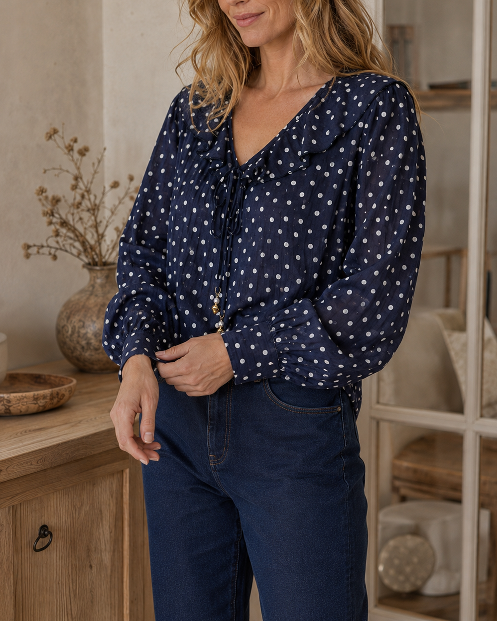 Blouse Léonie à pois – bleu marine – Beautiful Shop