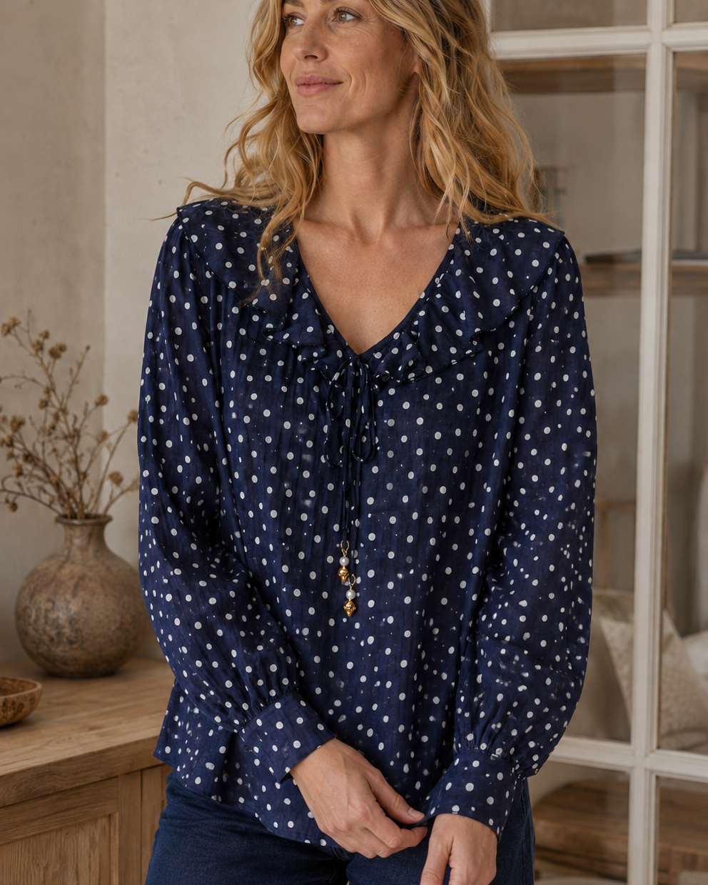 Blouse Léonie à pois – bleu marine – Beautiful Shop