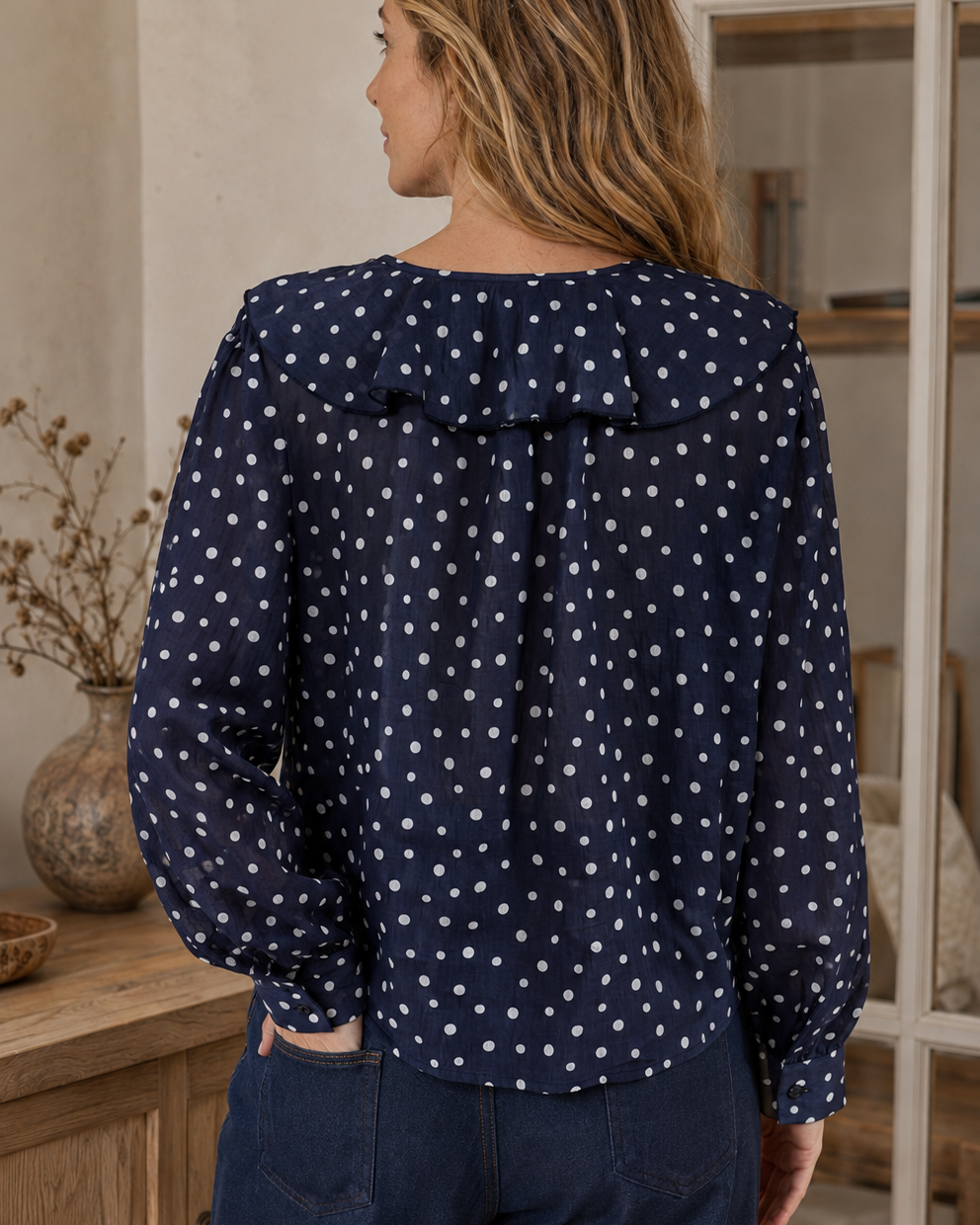 Blouse Léonie à pois – bleu marine – Beautiful Shop