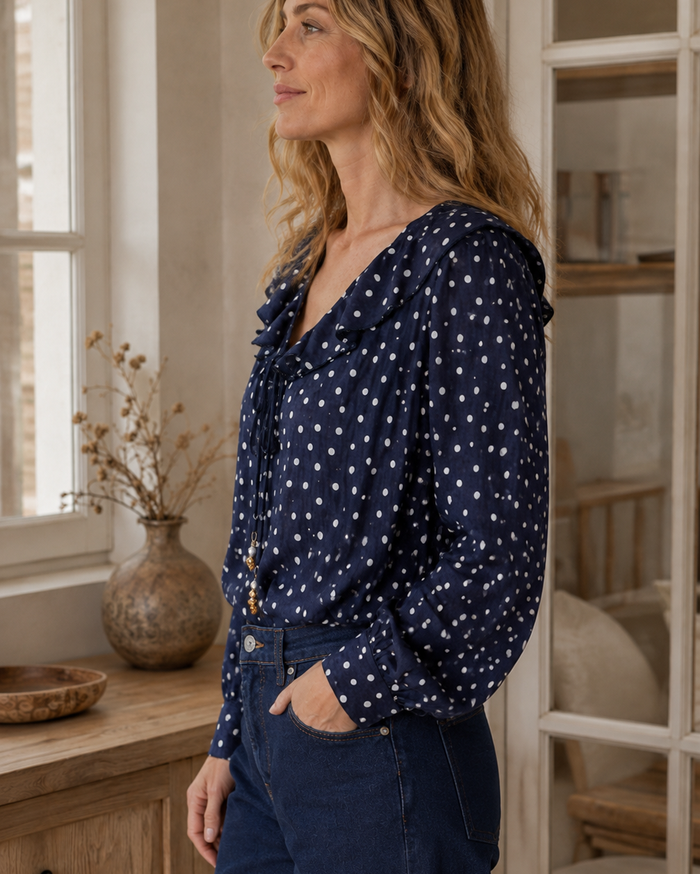 Blouse Léonie à pois – bleu marine – Beautiful Shop