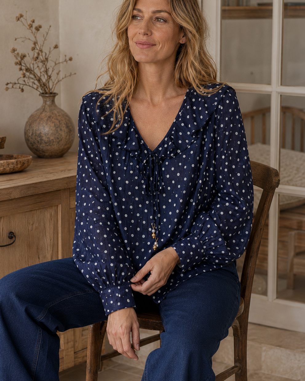 Blouse Léonie à pois – bleu marine – Beautiful Shop