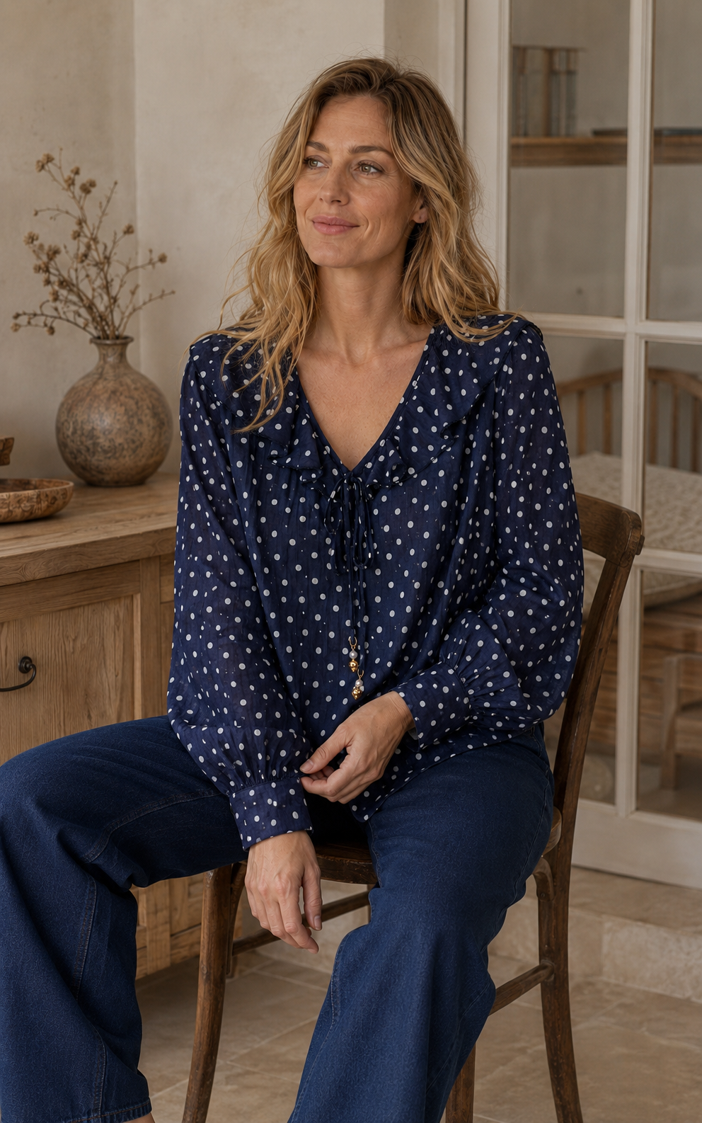 Blouse Léonie à pois – bleu marine – Beautiful Shop