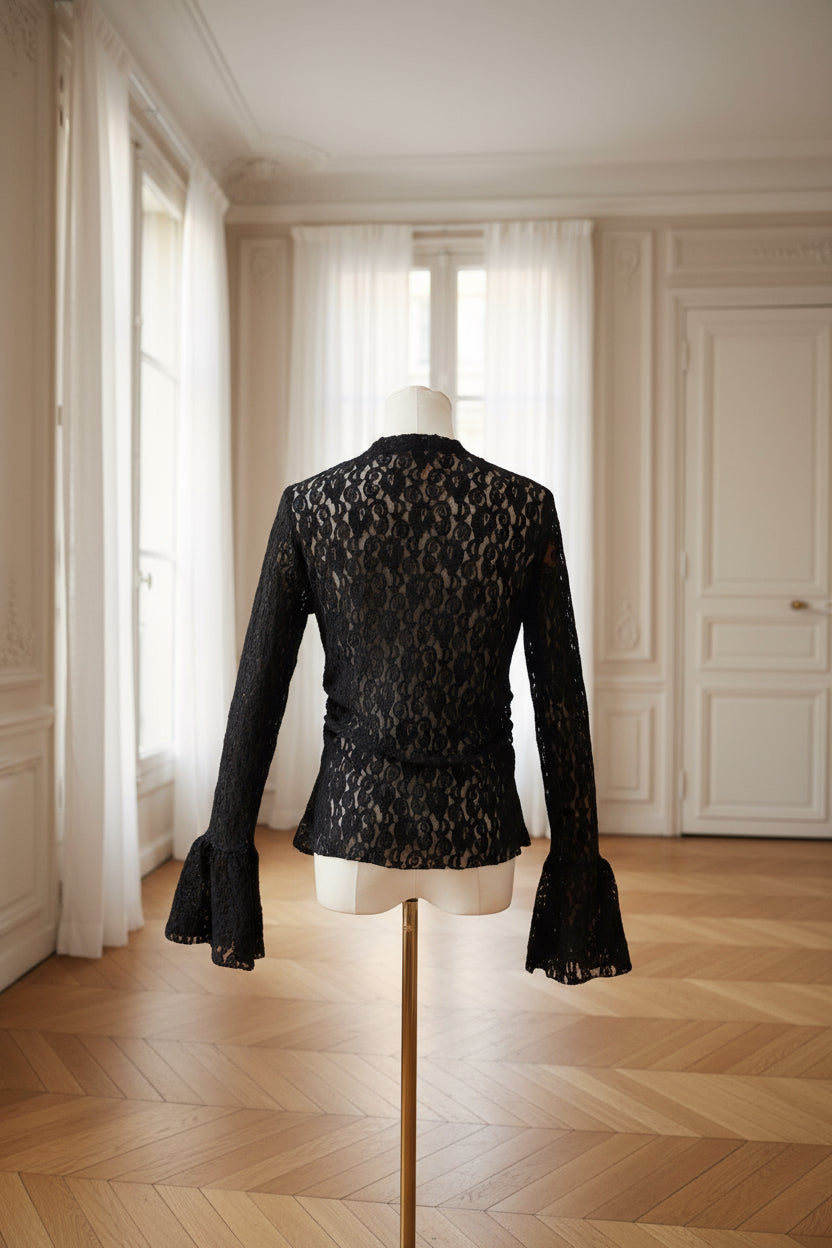 blouse dentelle noire femme, haut transparent soirée, top sexy chic femme, blouse col montant dentelle, haut volanté noir élégant, blouse romantique soirée