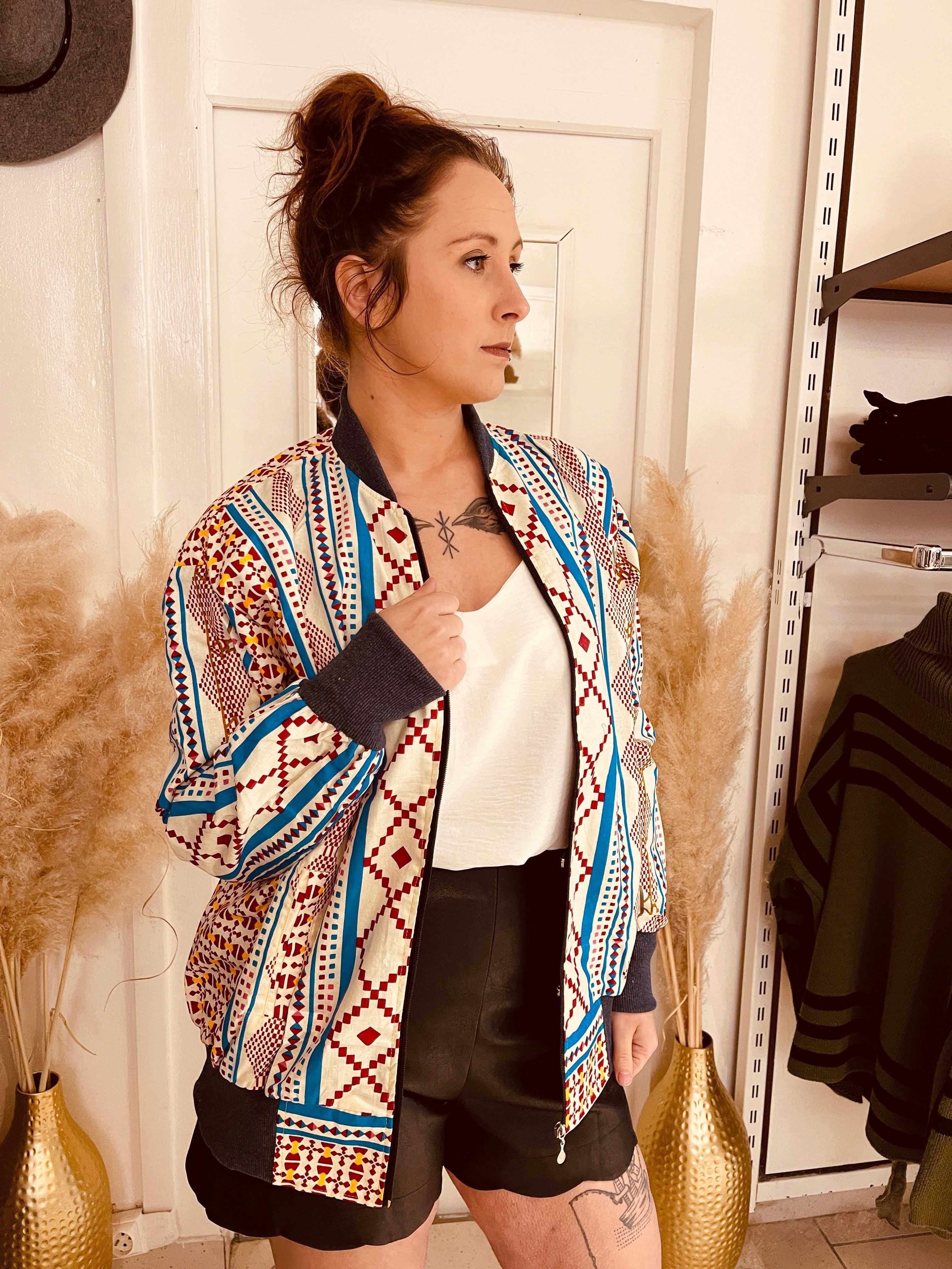 Bombers en wax beige ,bleu et rouge - beautifulshop