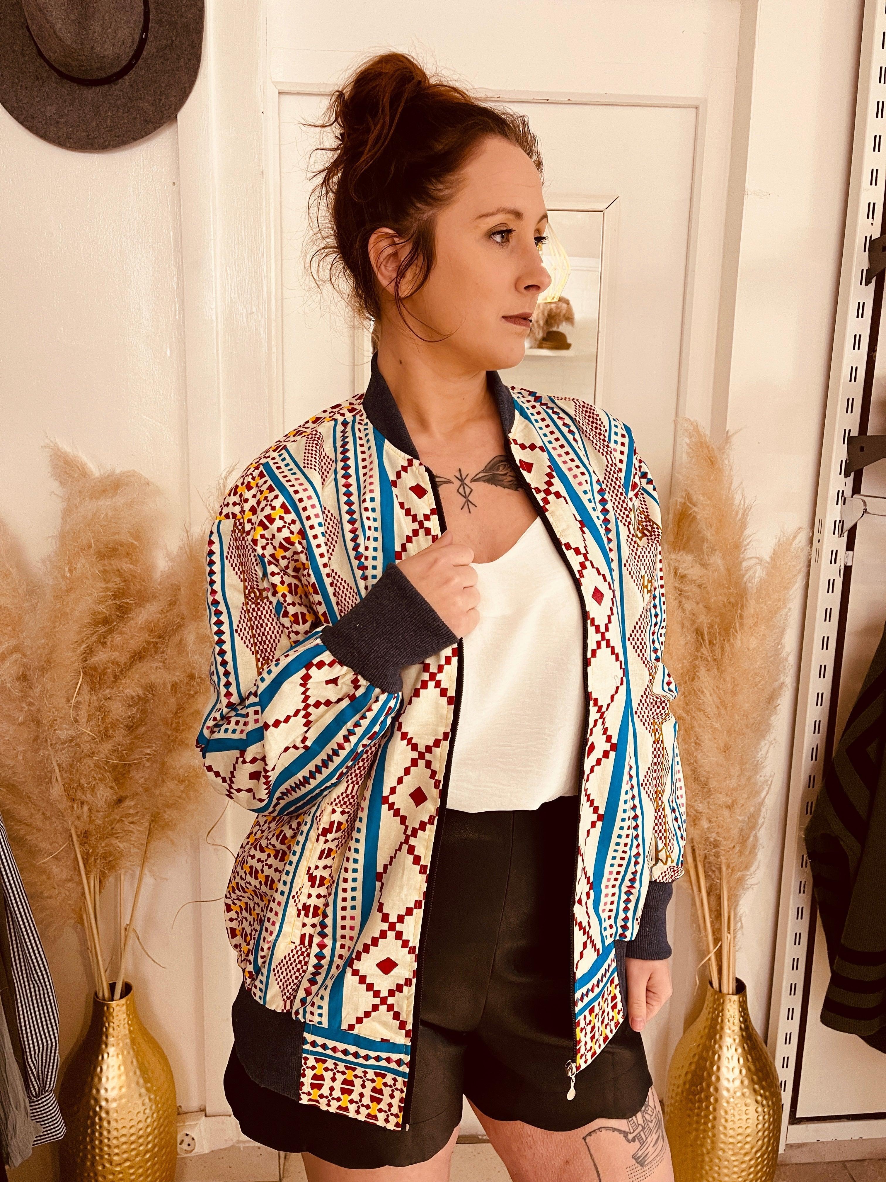 Bombers en wax beige ,bleu et rouge - beautifulshop