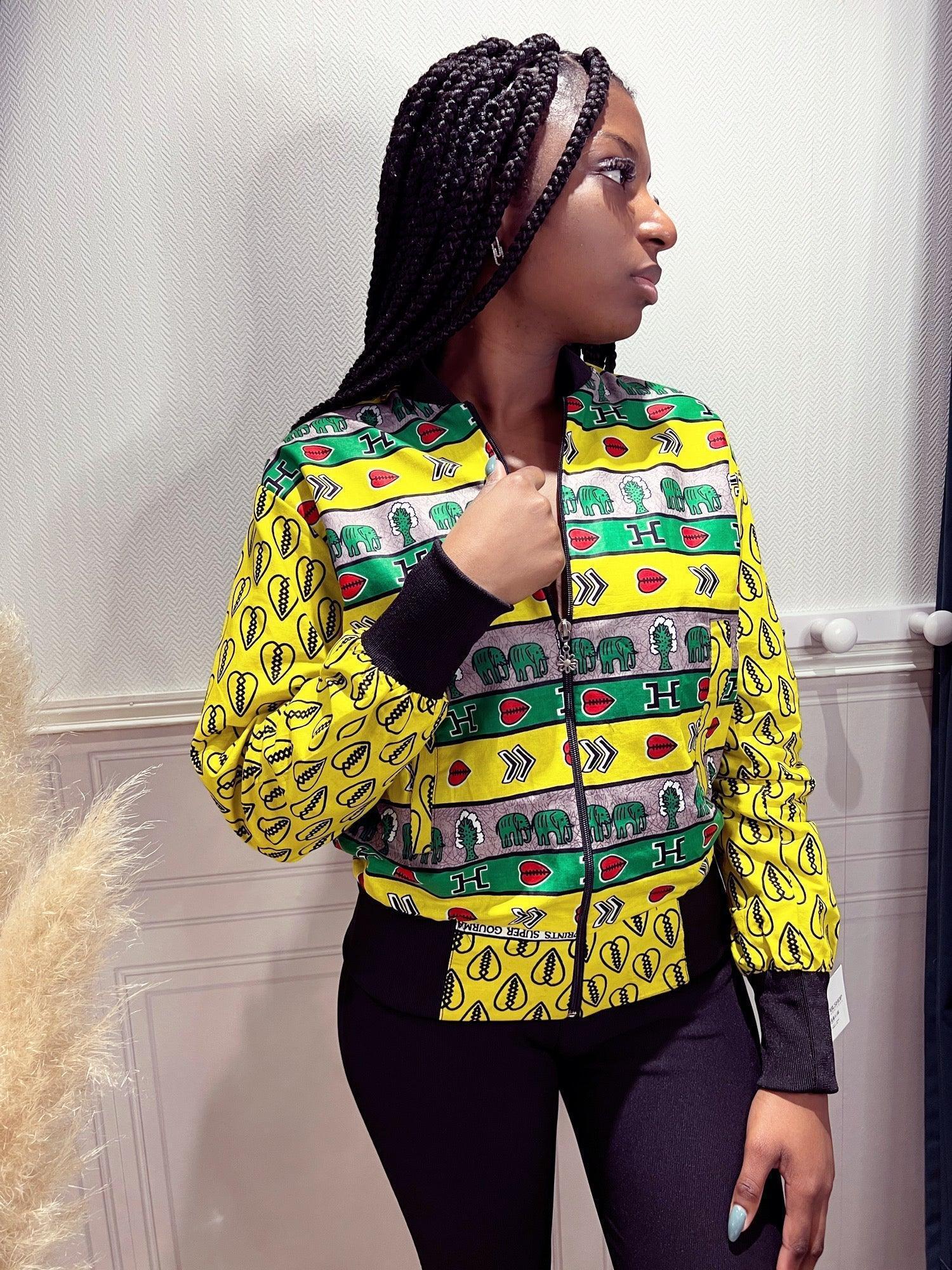 Bombers en wax jaune vert et gris - beautifulshop