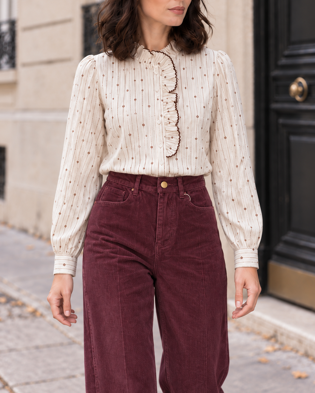 Chemisier solène à volants et broderies – écru & bordeaux – Beautiful Shop