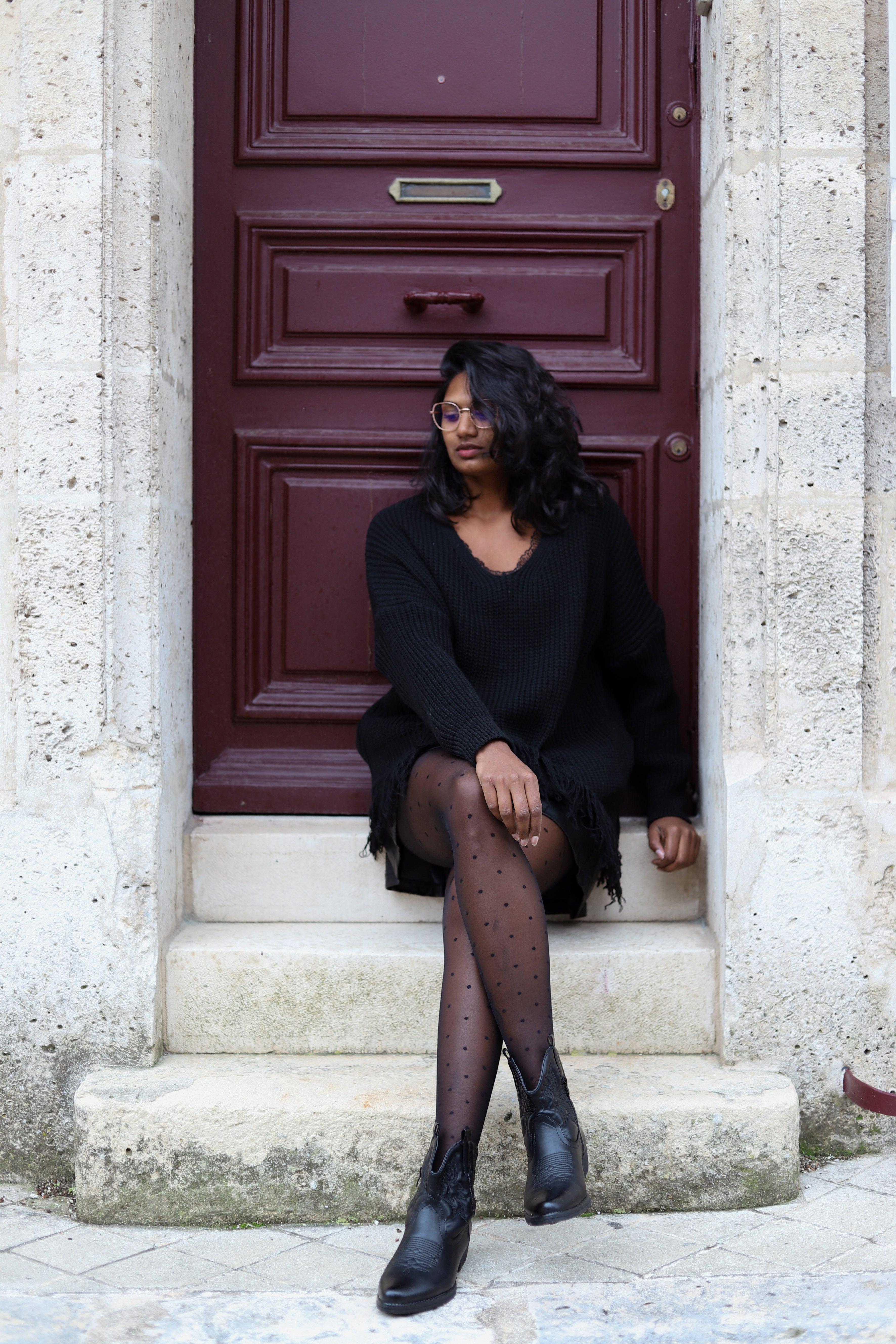 Collant Noir à Pois, Taille Unique 20 Deniers - beautifulshop