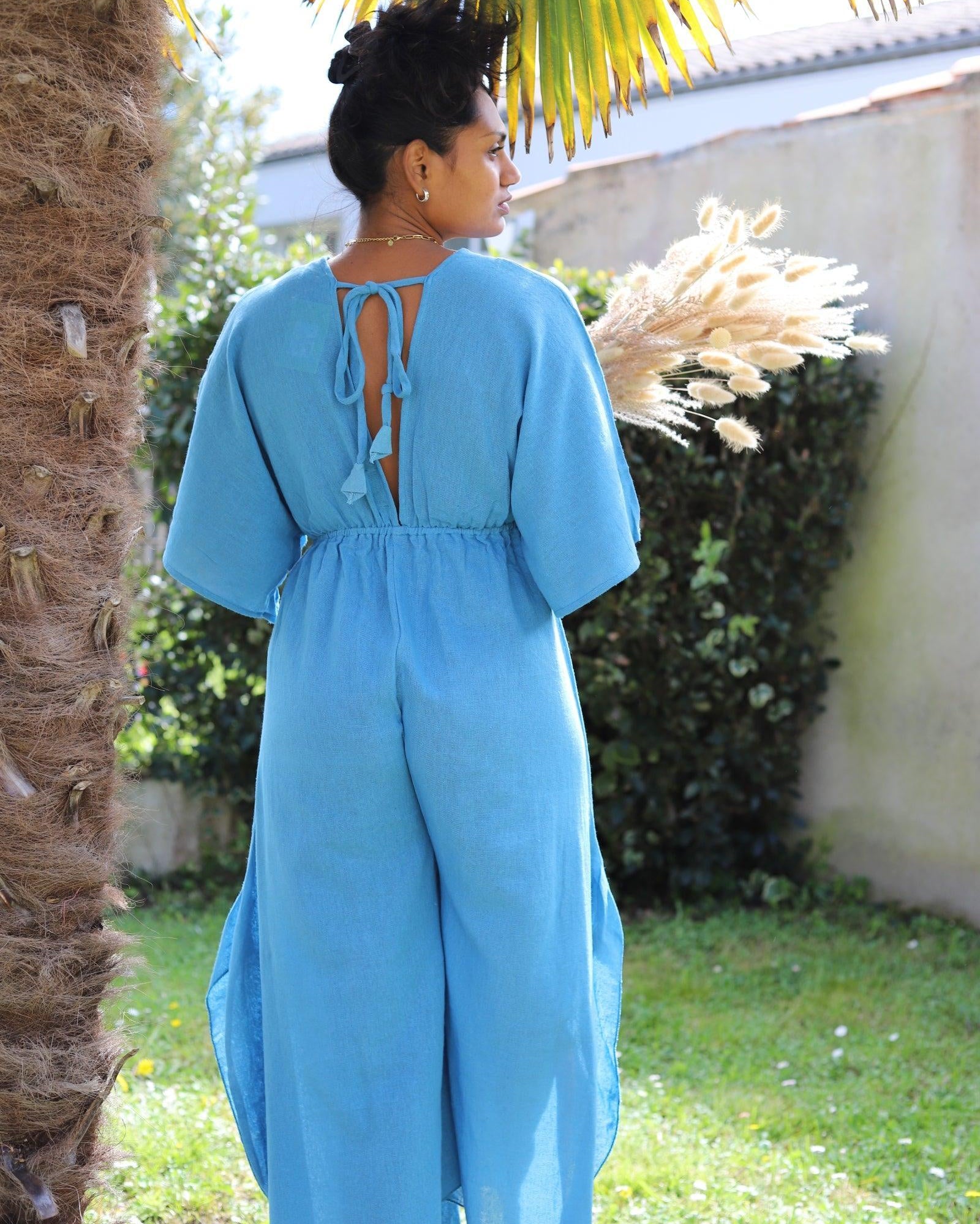 Combinaison Longue à Col en V - Bleu - beautifulshop