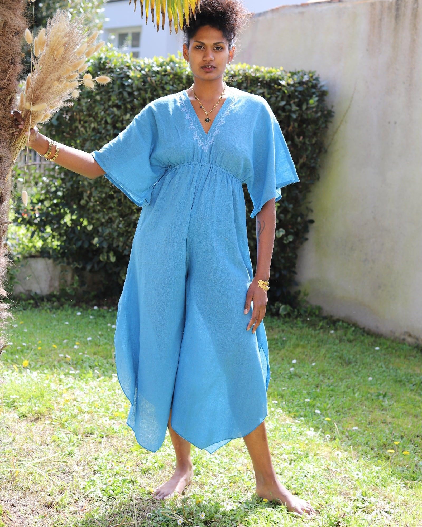 Combinaison Longue à Col en V - Bleu - beautifulshop