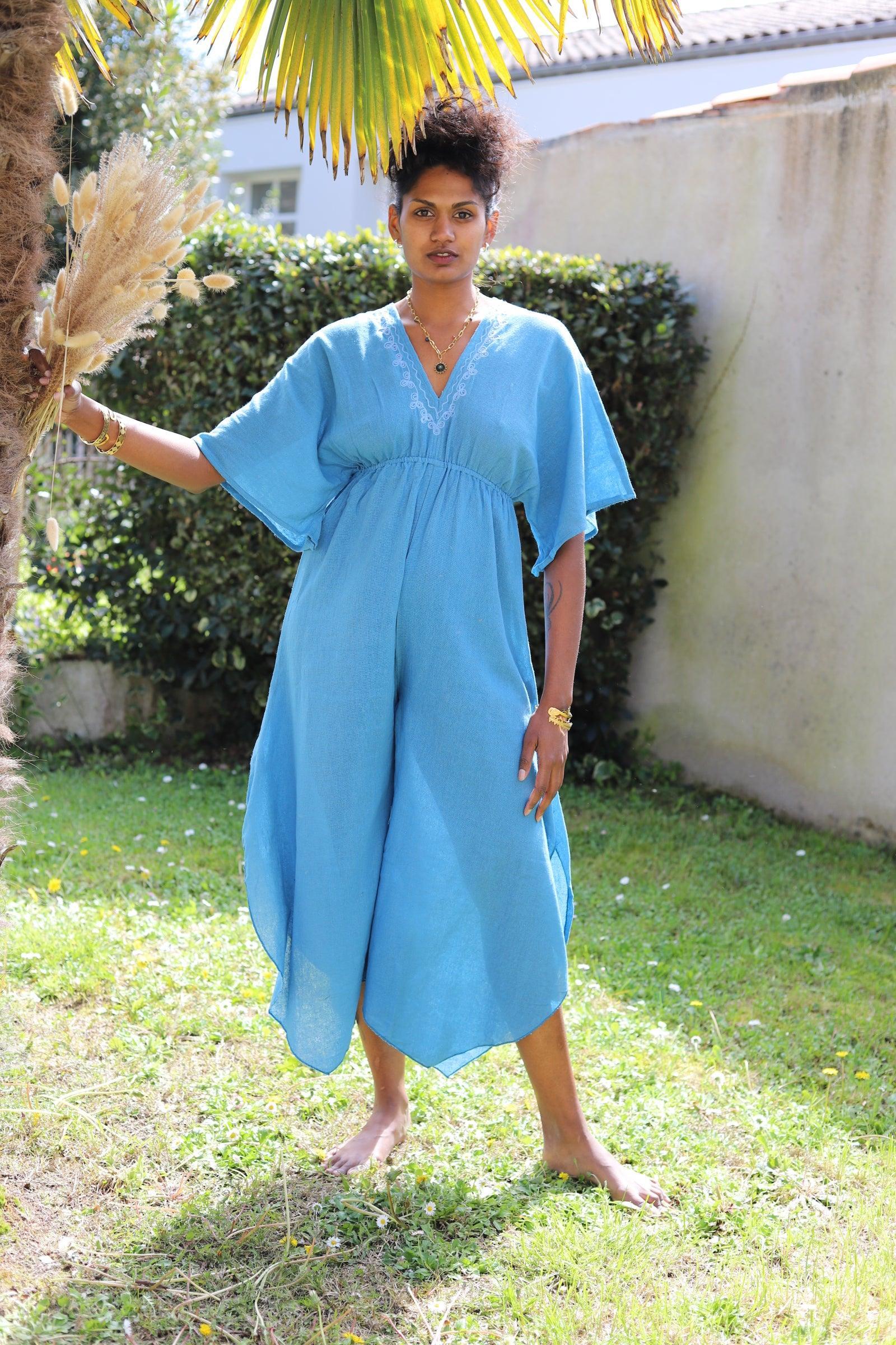 Combinaison Longue à Col en V - Bleu - beautifulshop