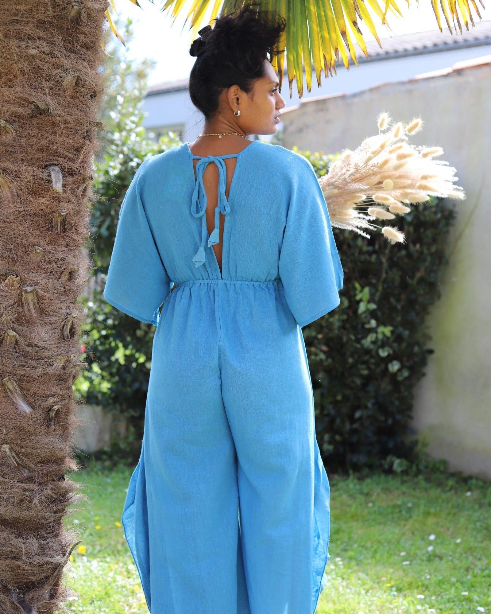 Combinaison Longue à Col en V - Bleu - beautifulshop