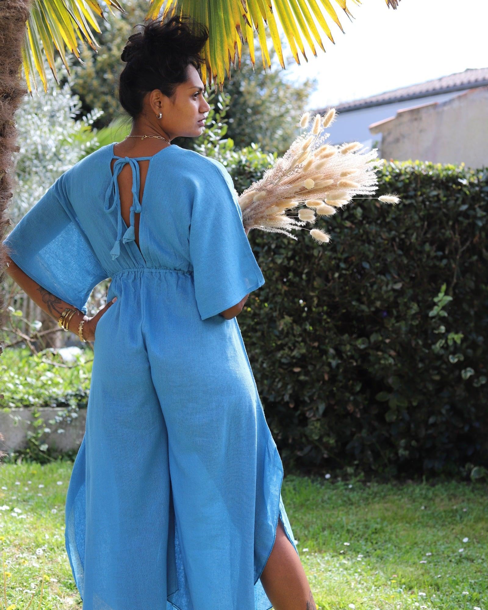 Combinaison Longue à Col en V - Bleu - beautifulshop