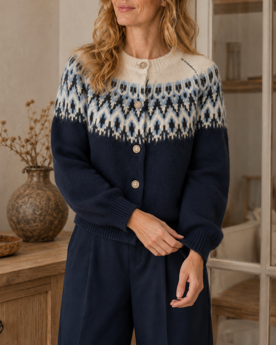 Gilet Astrid imprimé jacquard – bleu marine – Beautiful Shop