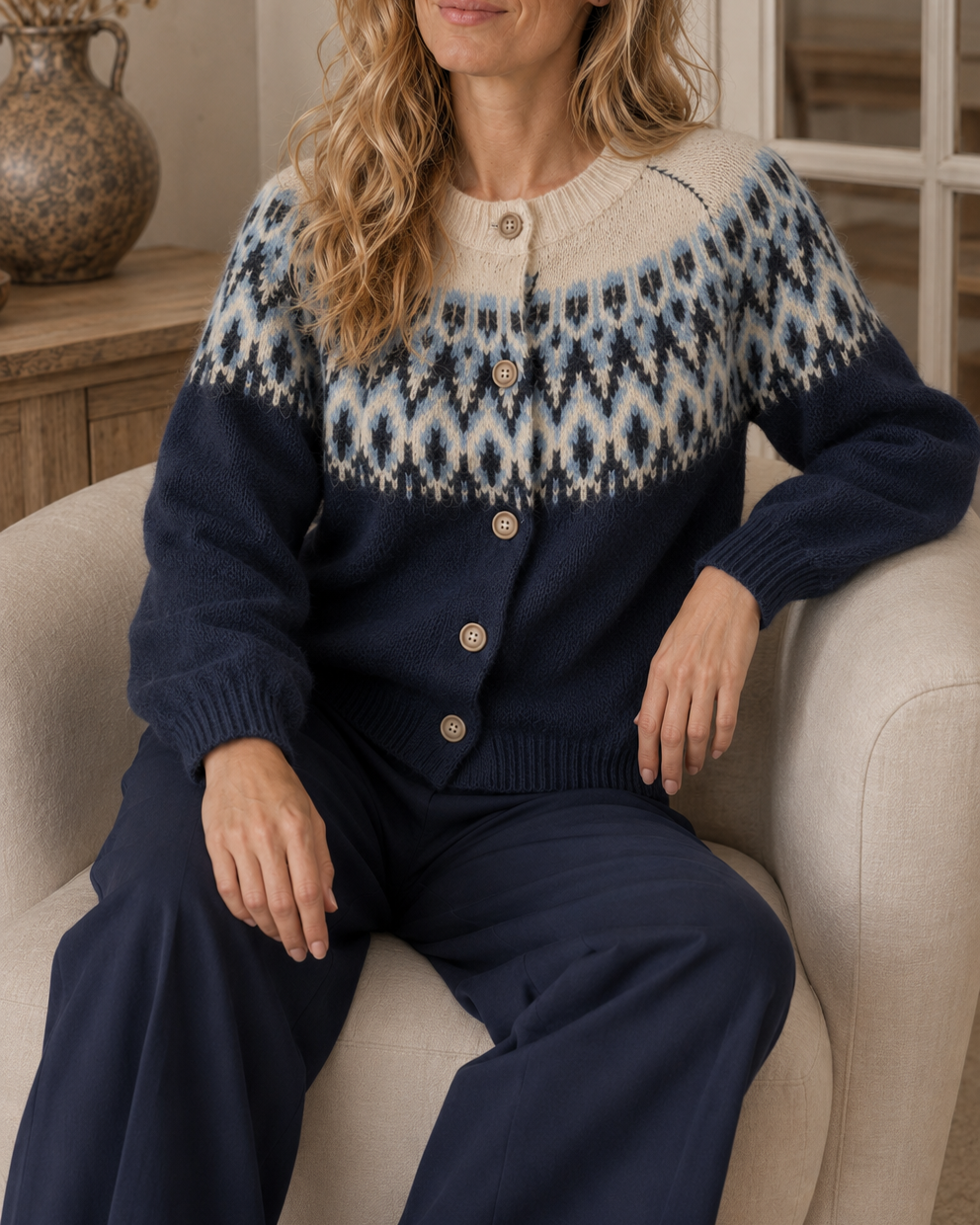 Gilet Astrid imprimé jacquard – bleu marine – Beautiful Shop