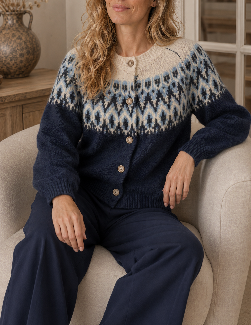 Gilet Astrid imprimé jacquard – bleu marine – Beautiful Shop